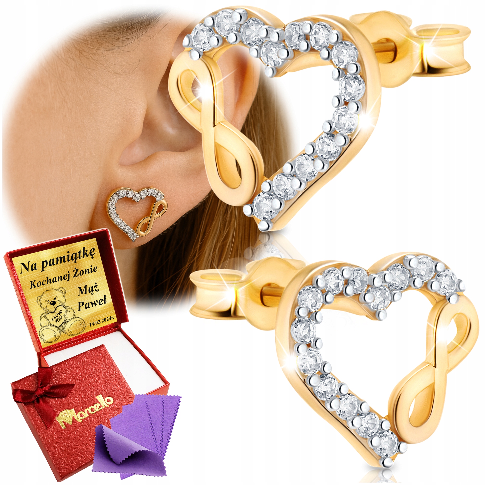 Złote Kolczyki Serca Nieskończoność Złoto 333 Dla Kobiety Grawer