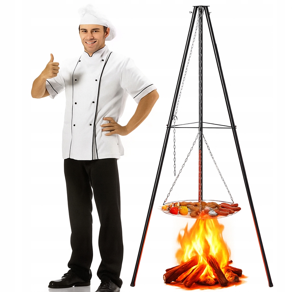 Grill Trójnóg Na Ognisko Ogrodowy Z Rusztem Do Palenisk 60 CM Wysokość 152