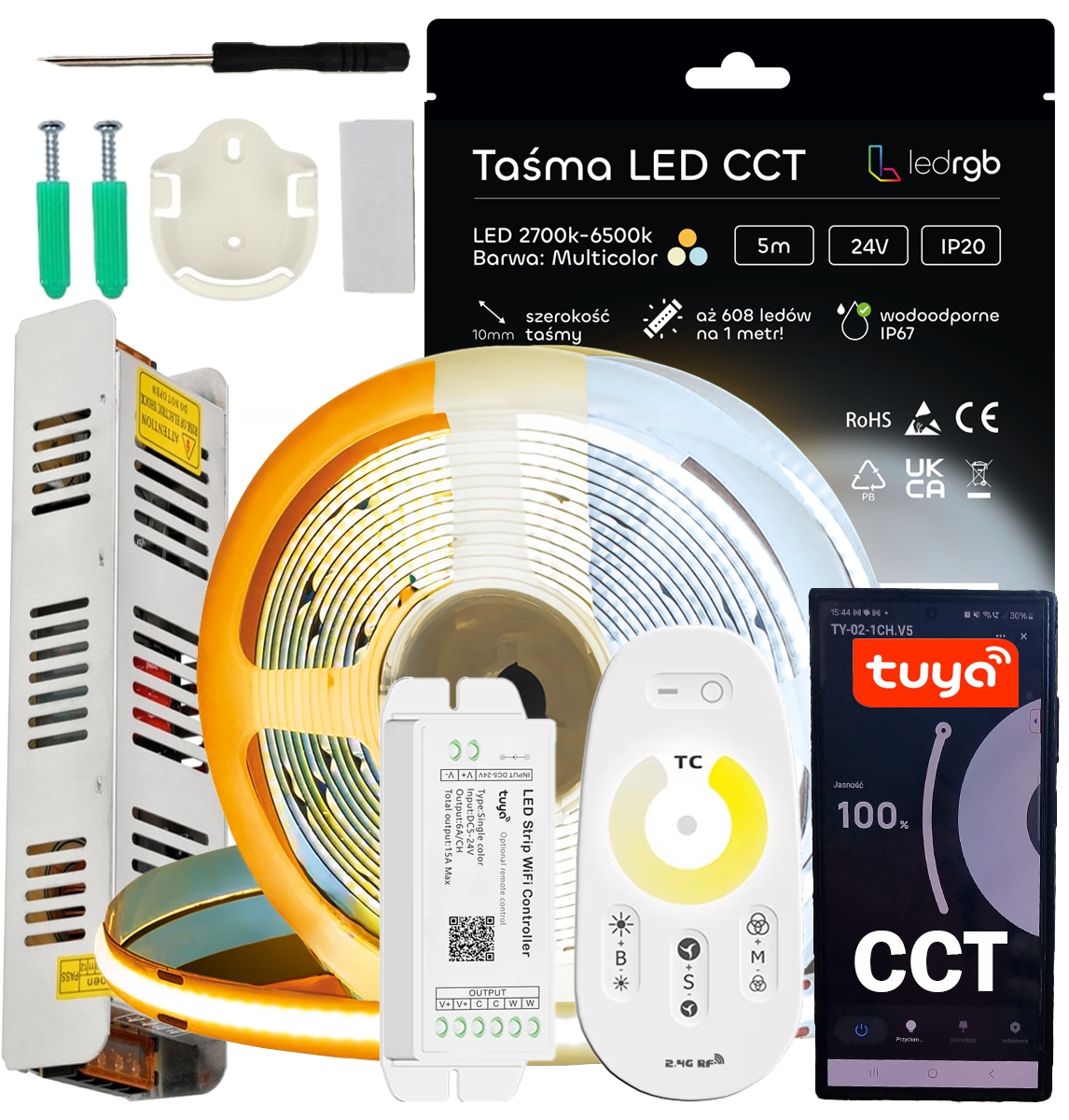 Sada Led pásků Neon Cob 24V 5 m Cct 2700K-6500K Bílá Tuya Bt Dálkový Ovladač Rf