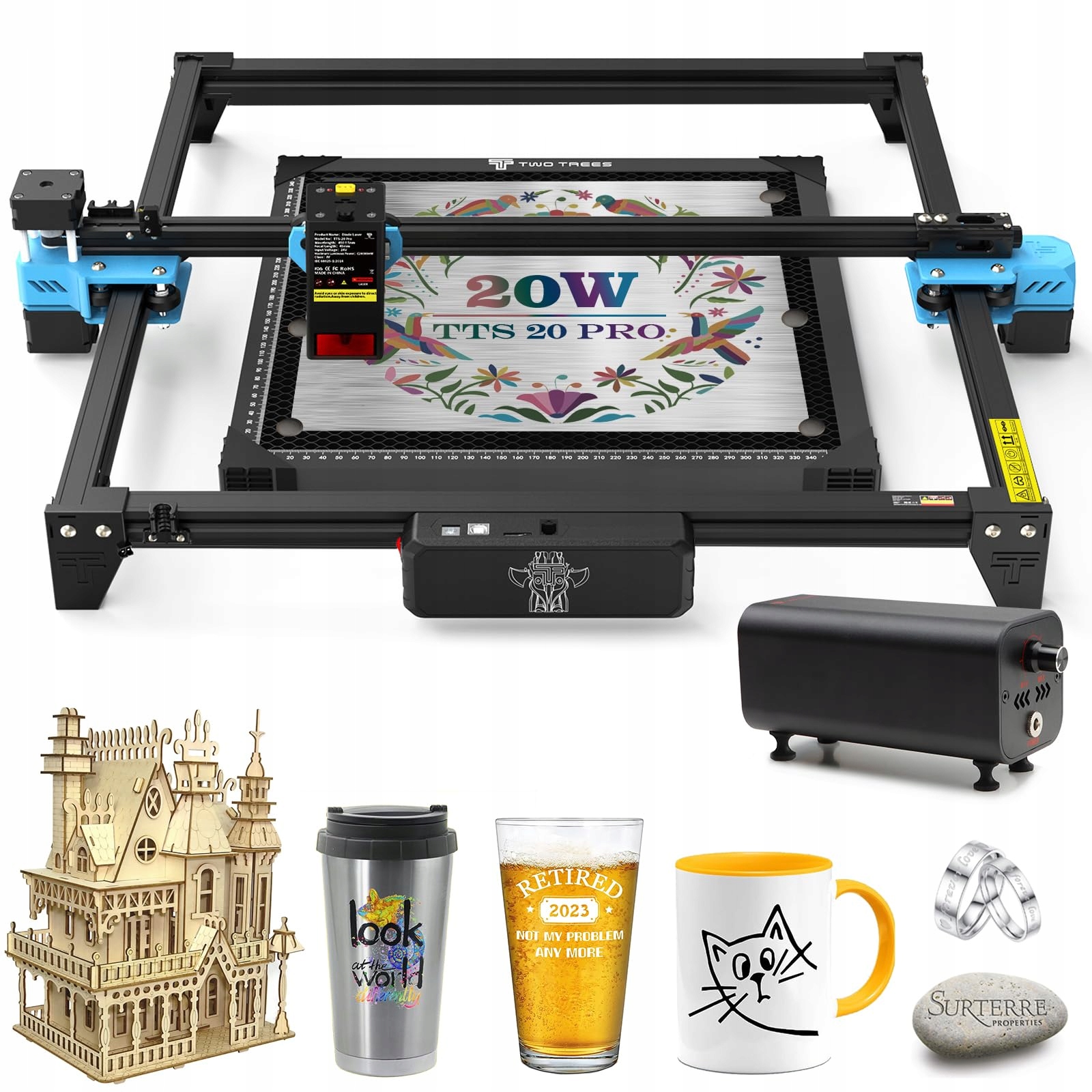 Grawer i wycinarka laserowa TwoTrees TTS-20 Pro 20 W + Pompa + Platforma