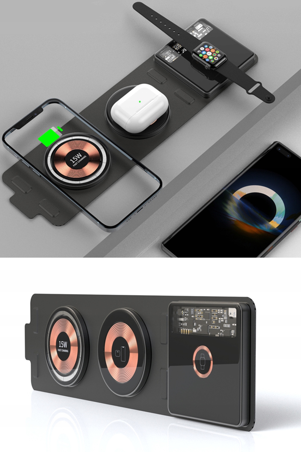 SZYBKA ŁADOWARKA BEZPRZEWODOWA MAGNETYCZNA 3w1 30W Złącza USB typ C