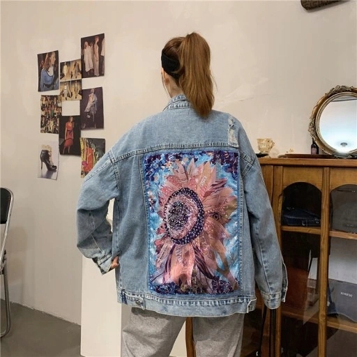 KURTKA JEANS DŻINSOWA KWIAT VINTAGE BOHO STYL XL Linia regular