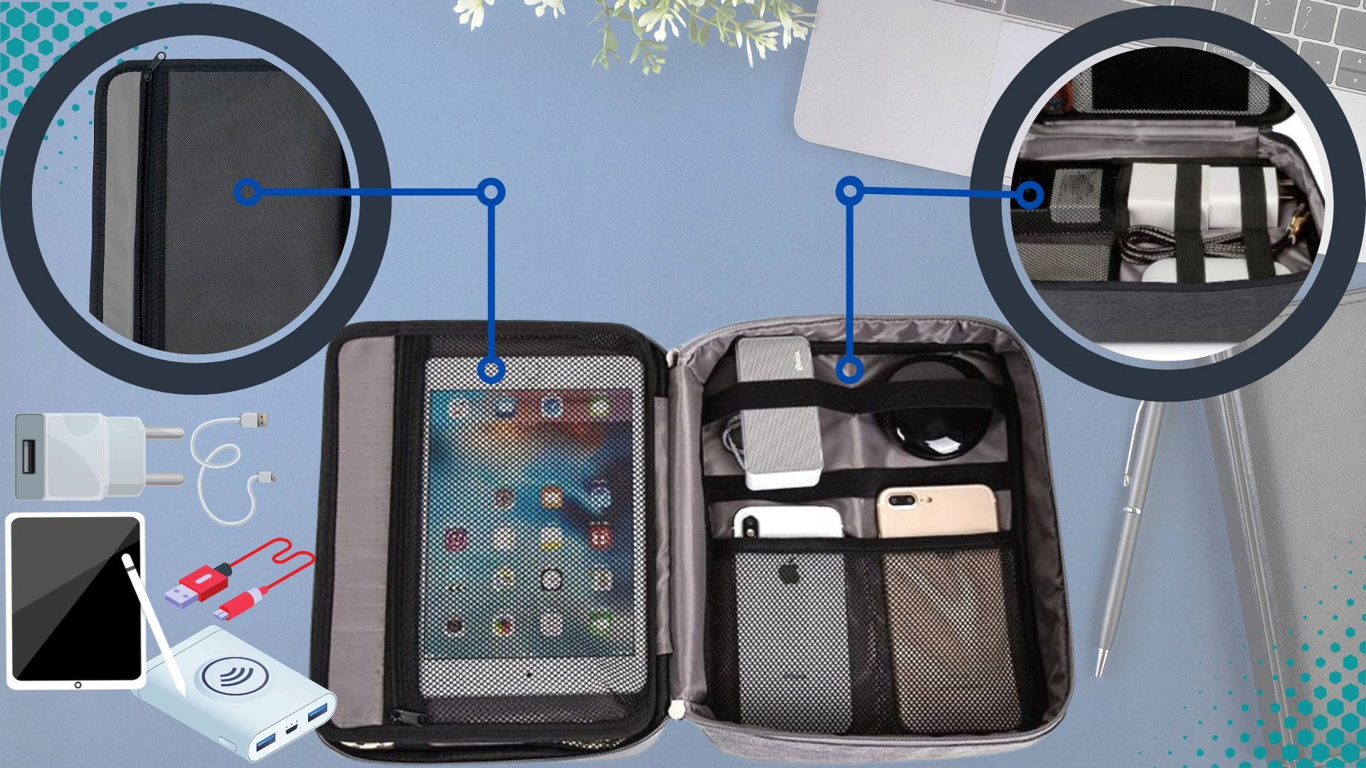 ETUI TORBA ORGANIZER NA ŁADOWARKI KABLE TABLET IPAD PORDÓŻNA POJEMNY JAKOŚĆ Dedykowana marka uniwersalne