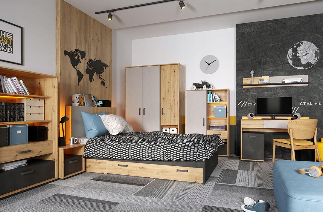 ŁÓŻKO GEO 90cm DO POKOJU MŁODZIEŻOWEGO Z LED Szerokość mebla 100 cm