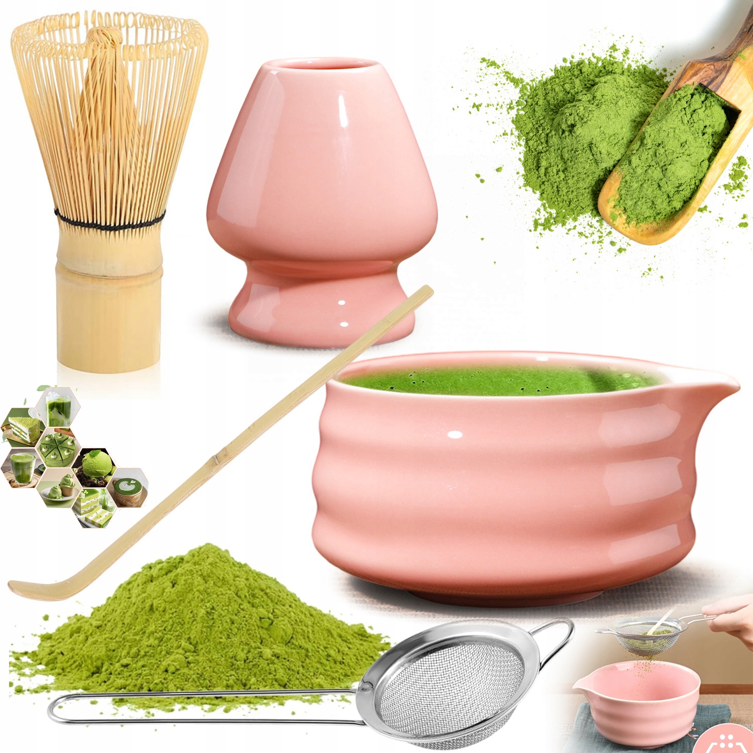 Levně Bambusová Dárková Sada Čaje Matchy Chashaku Šlehací Metla Lžíce Růžová