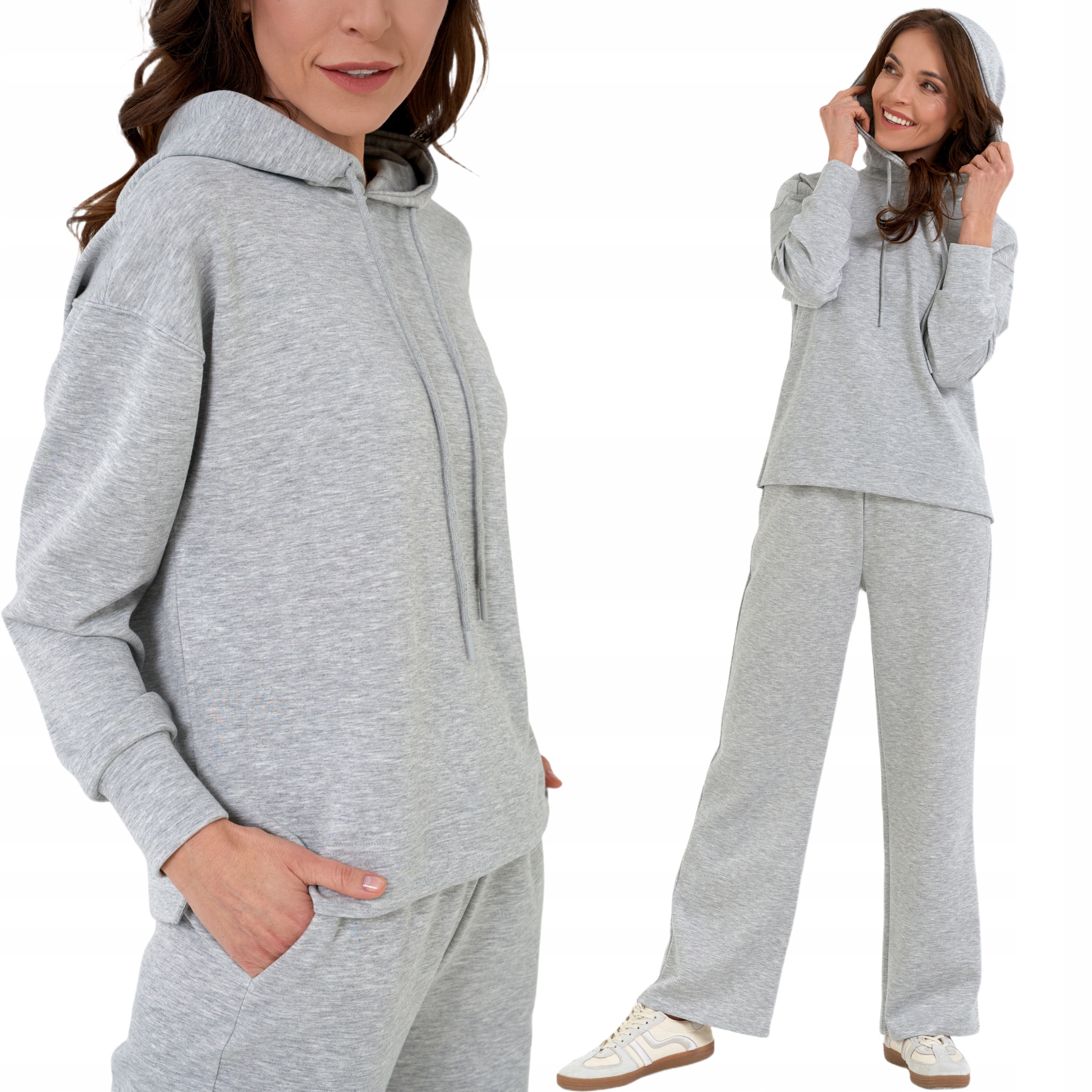 Set tepláková souprava Šedá Pohodlná mikina s klokaní kapsou kalhoty Wide Leg S