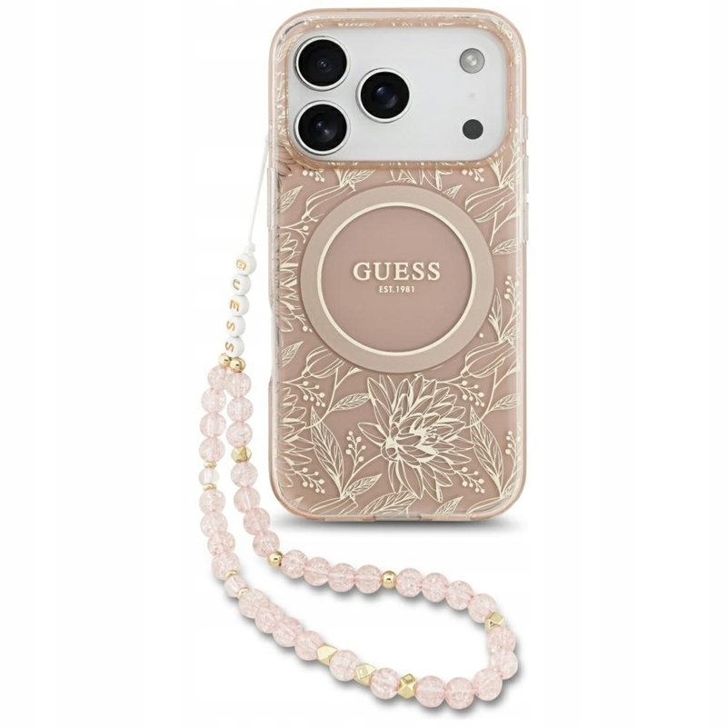 Guess IML Flowers Electro Pearl Strap MagSafe Etui iPhone 17 Pro (różowy)