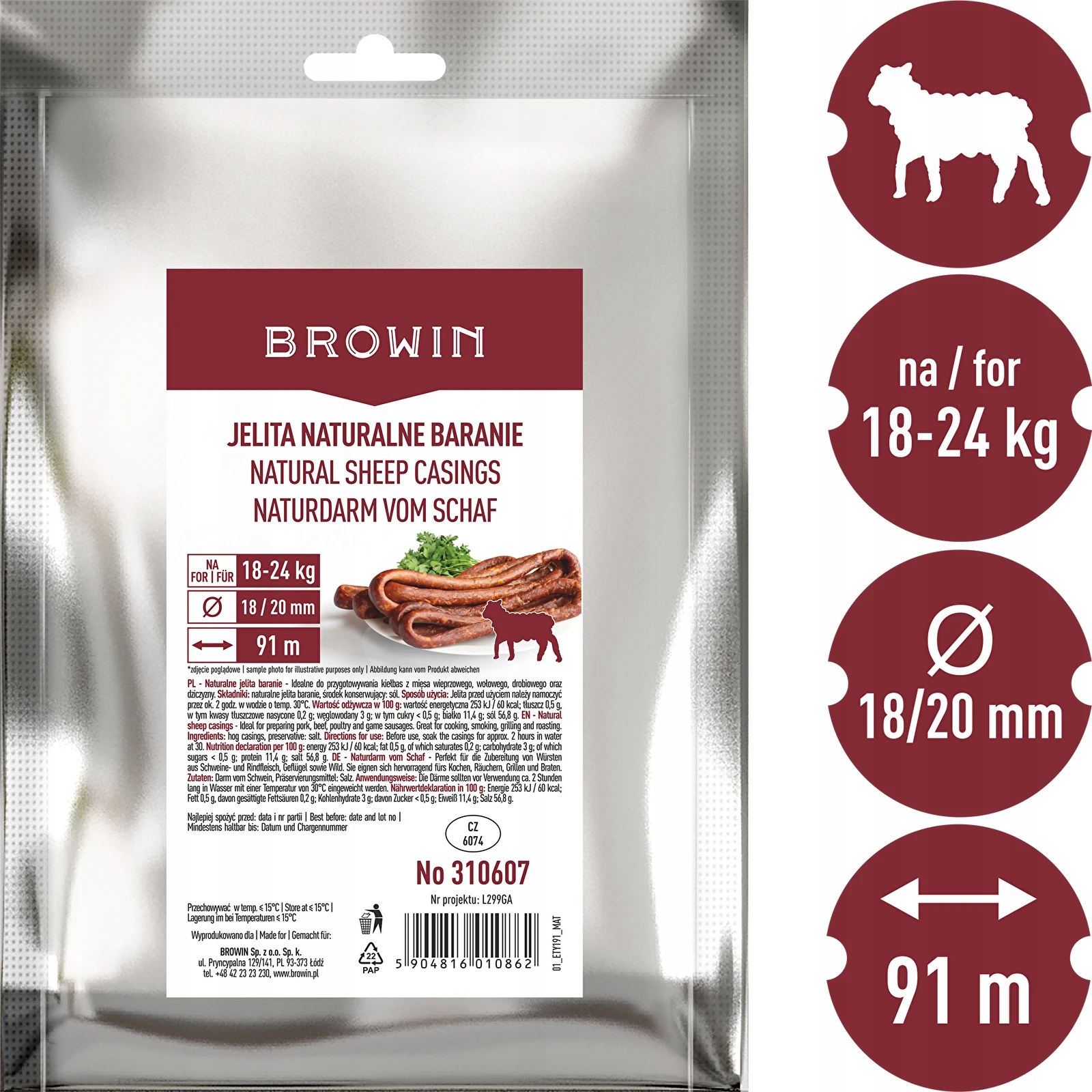 Levně Střeva Beránci Na Kabanosy Párky Frankfuterky Browin 18/20 mm 91 m