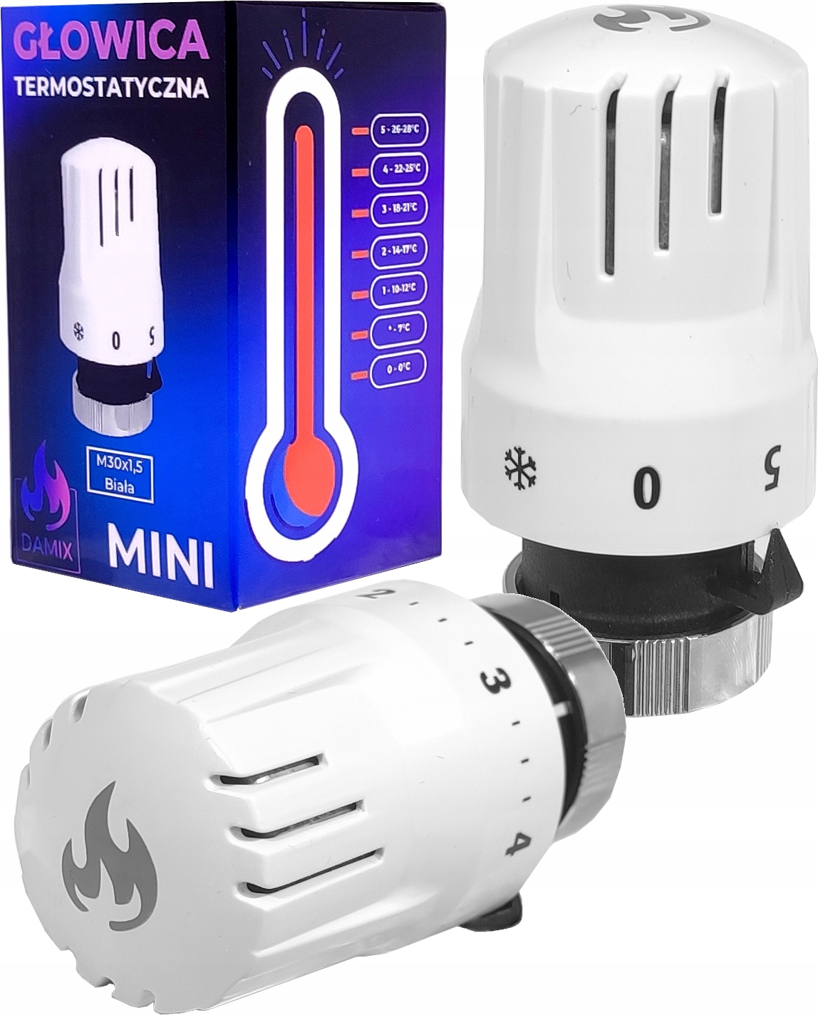 GŁOWICA TERMOSTATYCZNA GWINT M30x1.5 GRZEJNIKA BIAŁA TERMOSTAT MINI DAMIX