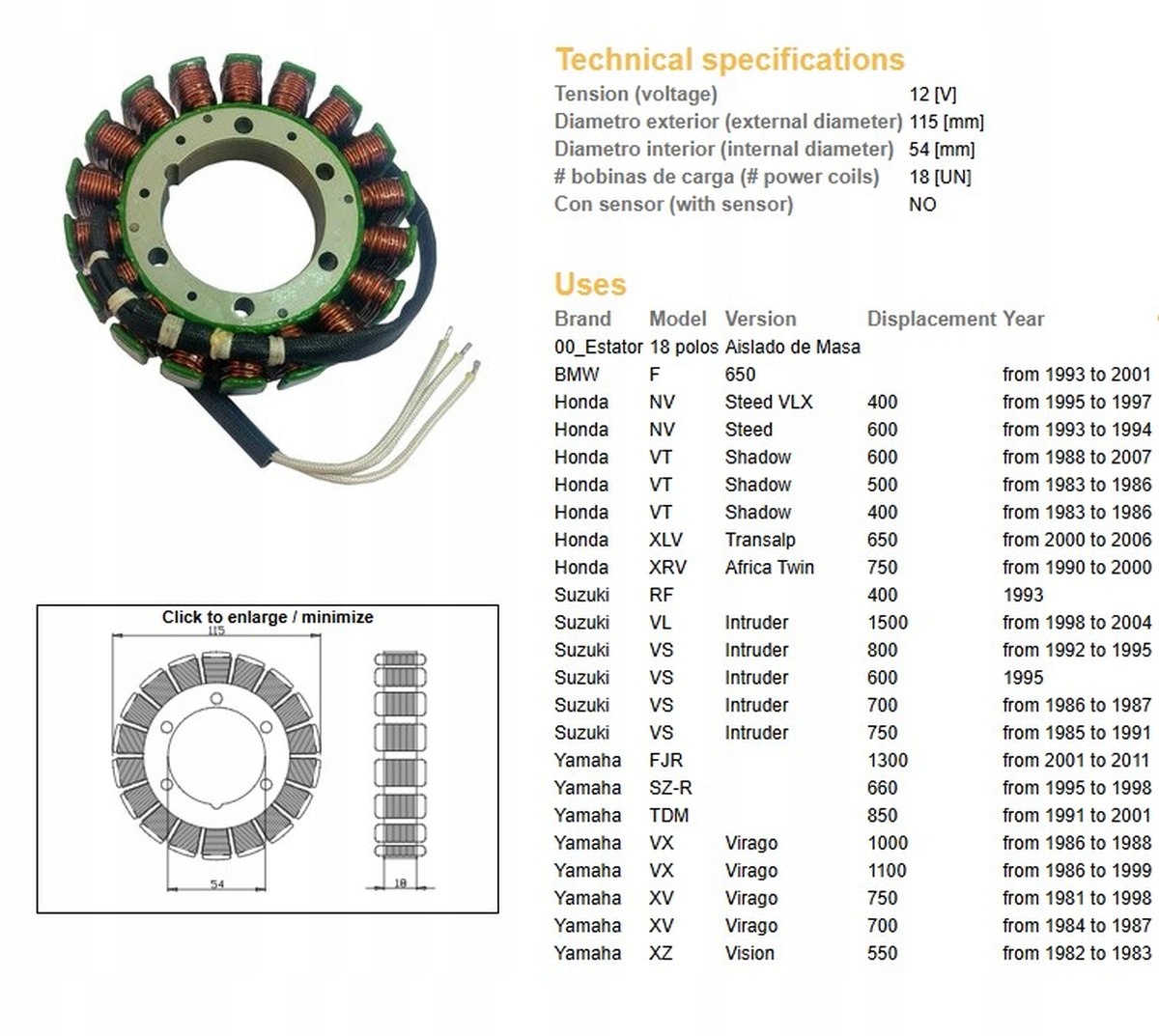 Vinutie Alternátora Stator Bmw F 650 '93-'01; Vt 500/600 '83-'07