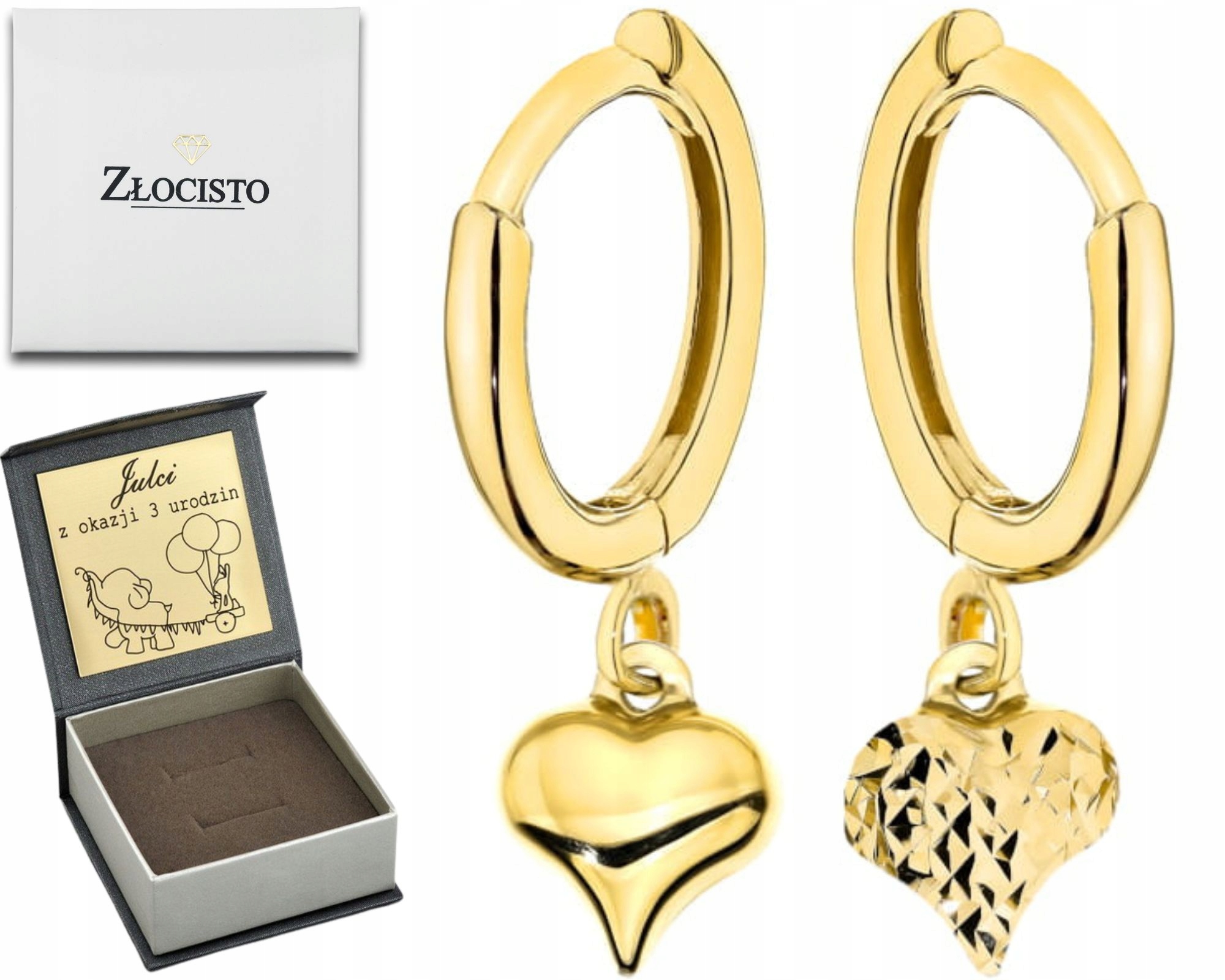 Zlaté Náušnice s jednostranným závěsným diamantovým srdcem 585 Zlato