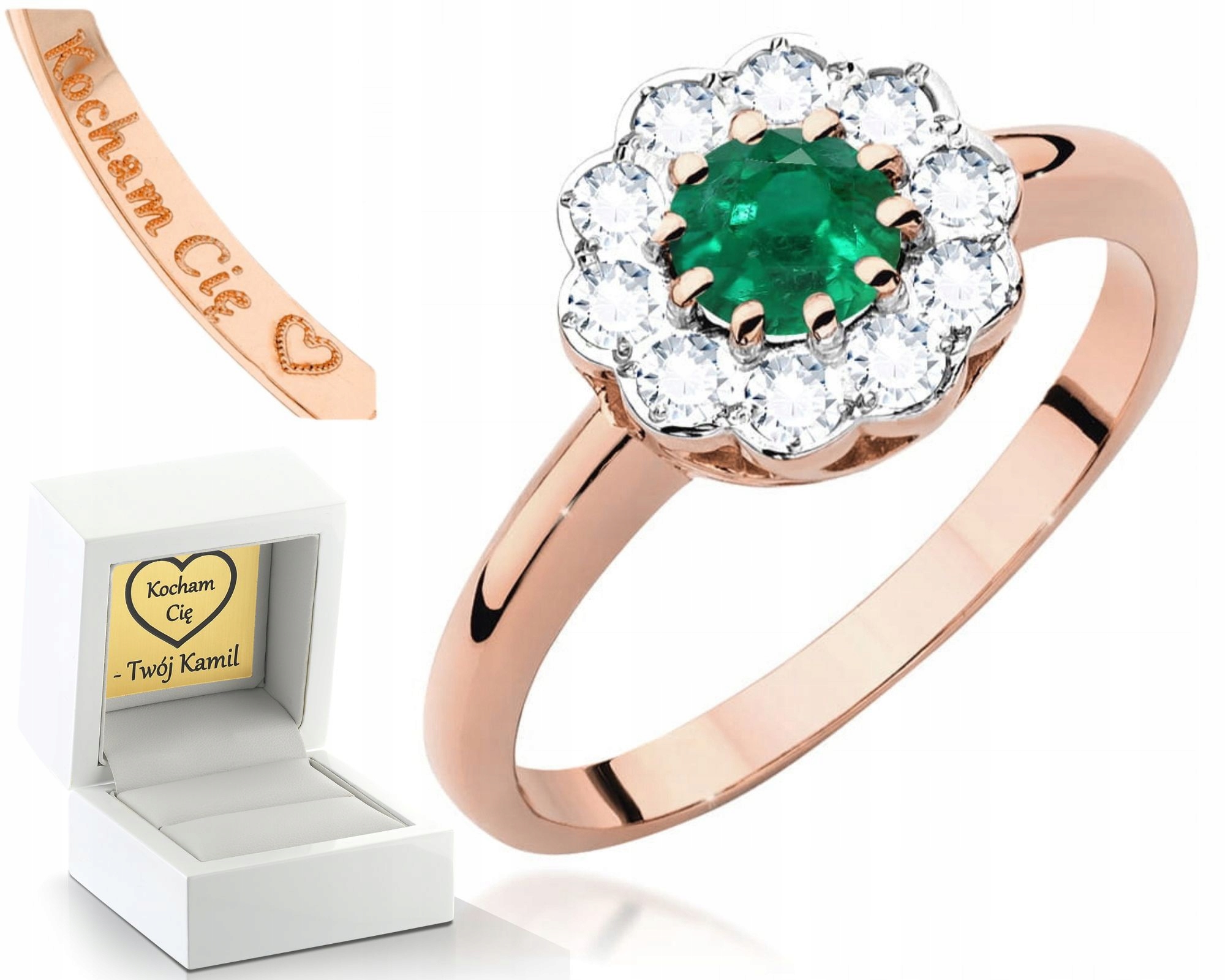Zásnubní Prstýnek Smaragd Růžové Zlato Gravírování 585 Bonus Dárek