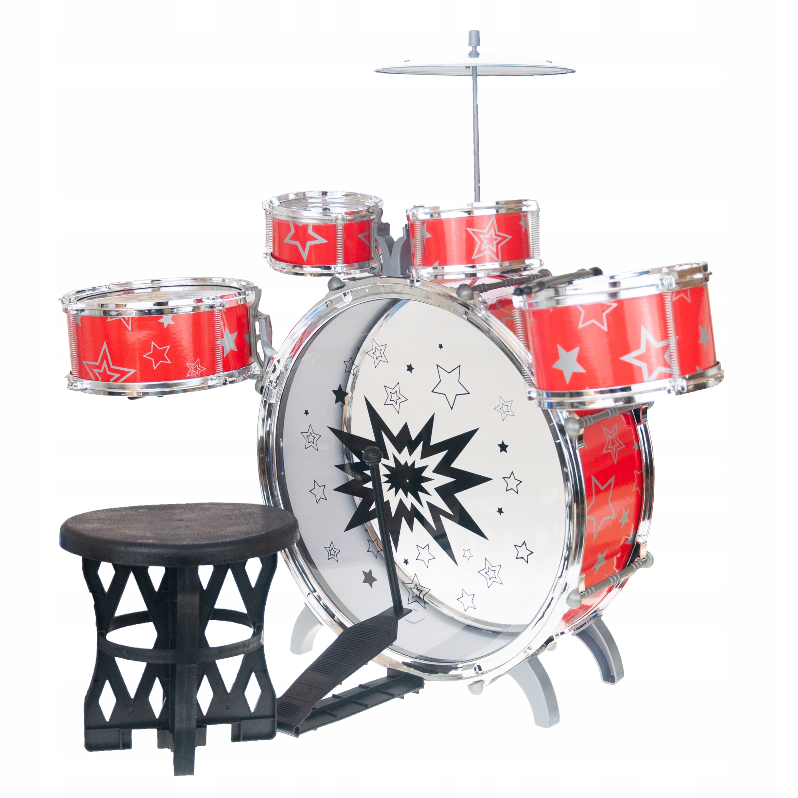 ZESTAW PERKUSJA DLA DZIECI 5 BĘBNÓW TALERZ TABORET ZABAWKA INSTRUMENT