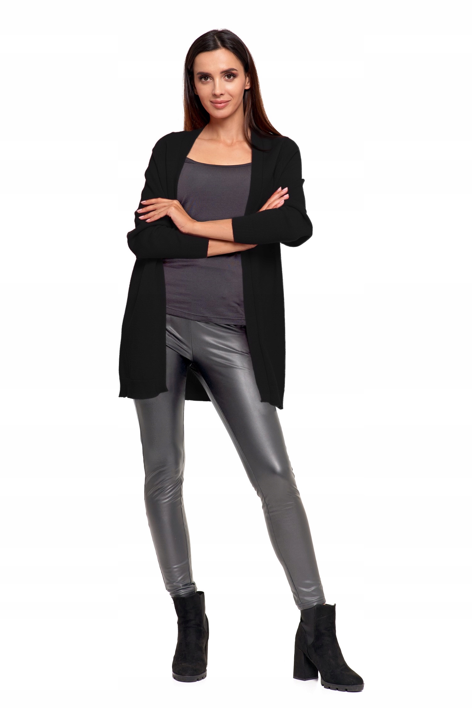 DŁUGI SWETER KARDIGAN DAMSKI NARZUTKA KOBIECY SWETEREK MORAJ CZARNY R.M Wzór dominujący bez wzoru