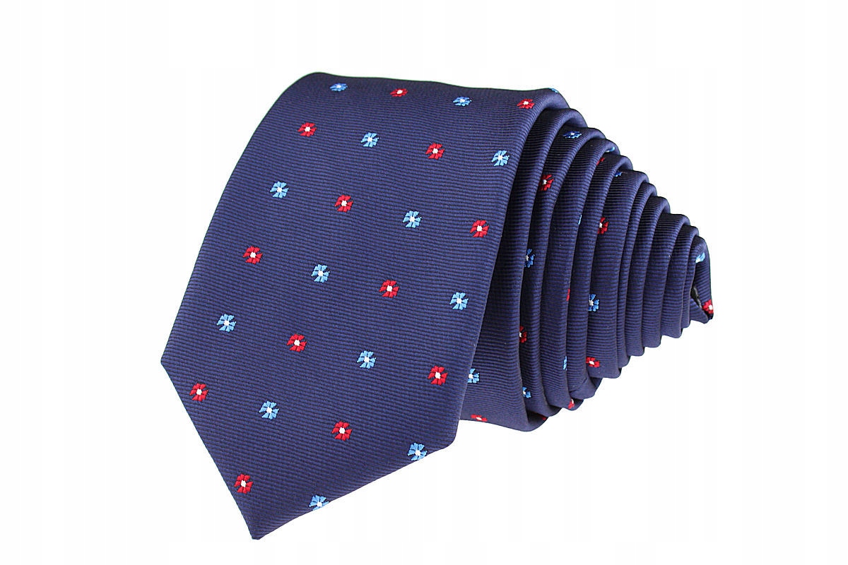 WĄSKI KRAWAT SLIM 6 cm GRANATOWY W MAŁE KWIATUSZKI