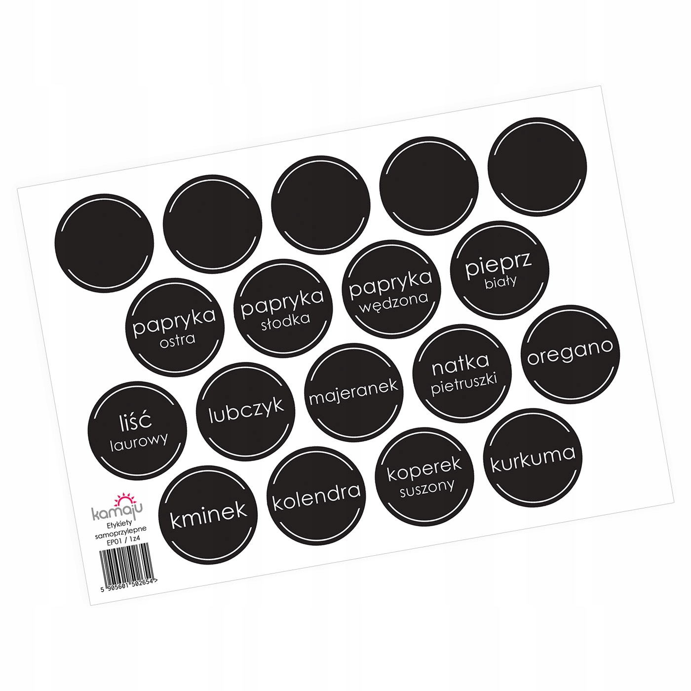 ETYKIETY SAMOPRZYLEPNE NA POJEMNIKI SŁOIKI PRZYPRAWY ZIOŁA 40mm FOLIA 72szt Kolor czarny