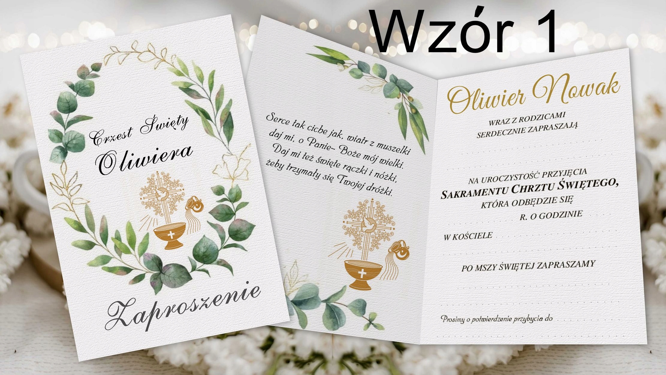 Zaproszenia na Chrzest święty + imię + koperta Wysokość produktu 14.8 cm