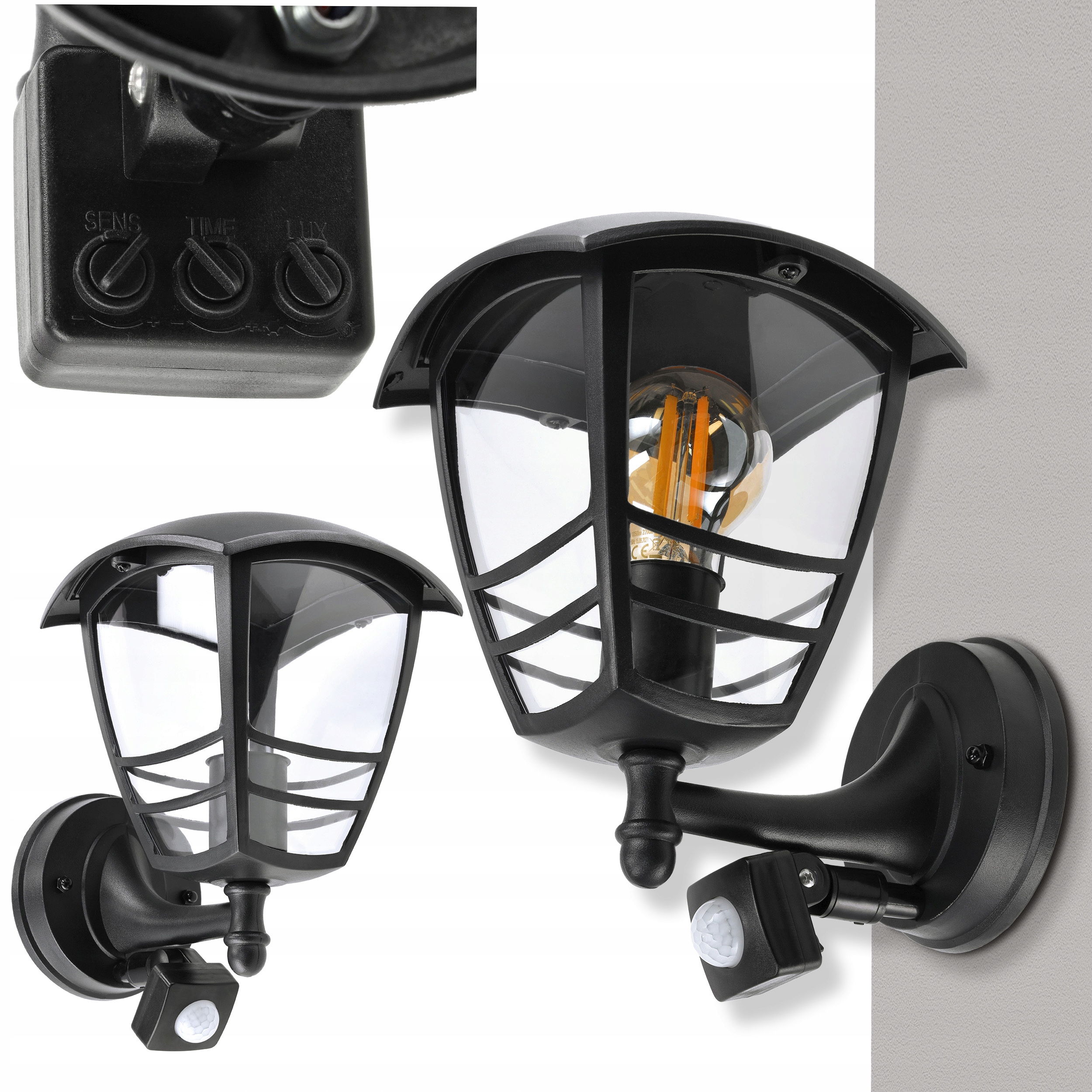 Lampa Ogrodowa Zewnętrzna Z Czujnikiem Ruchu i Zmierzchu Regulowanym E27 Kolor czarny