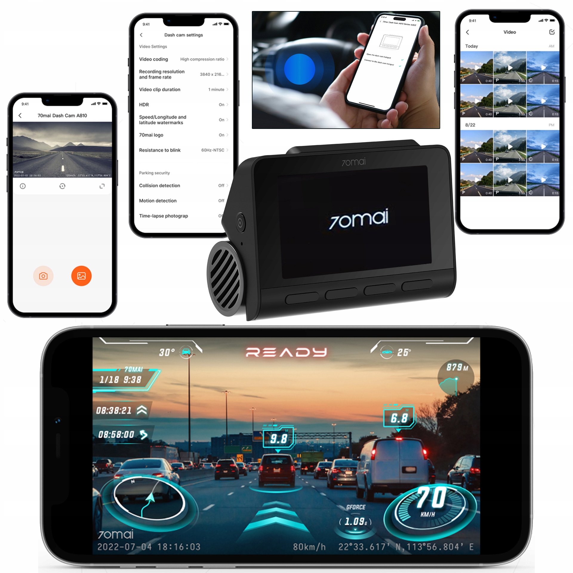 70mai Kamera samochodowa A810 + RC12 SET 4K HDR + oryginalna karta 256GB Komunikacja GPS Wi-Fi