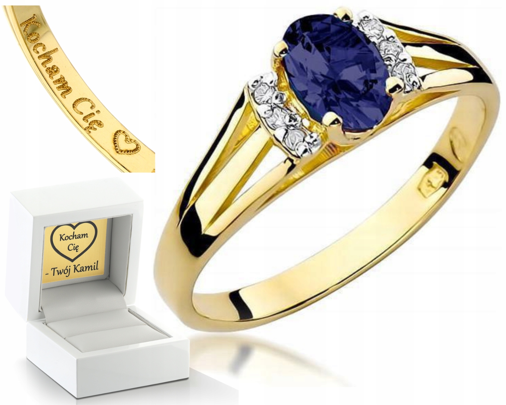 Zlatý Prstýnek S Diamanty A Safírem Gravírování
