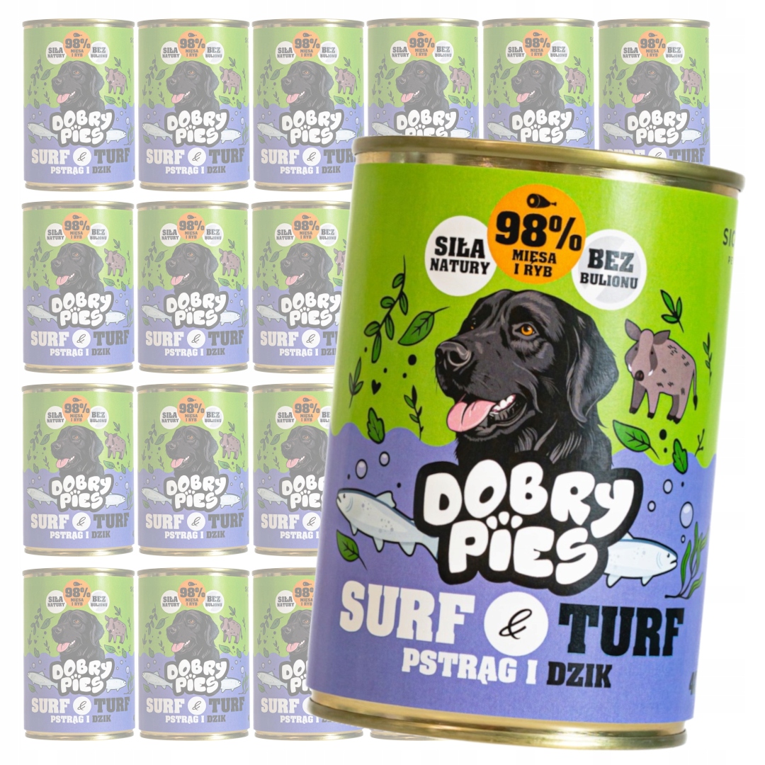 Levně Dobry Pies Surf & Turf 24x400g Vlhké Krmivo pro dospělé psy, pstruhy a divočáky