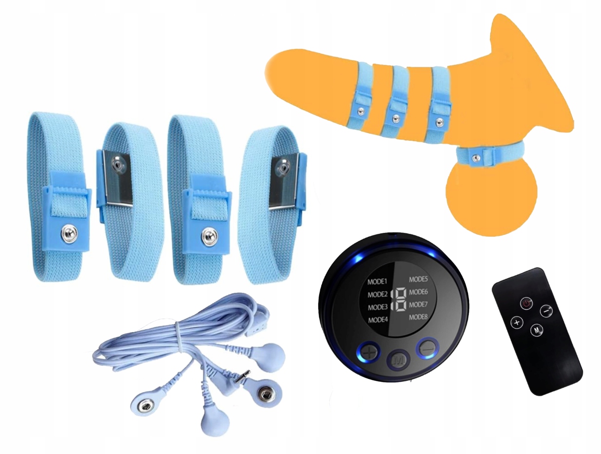 4 ELEKTRO STYMULUJĄCE OPASKI CBT BDSM ESTIM Sterownik ładowany USB + Pilot