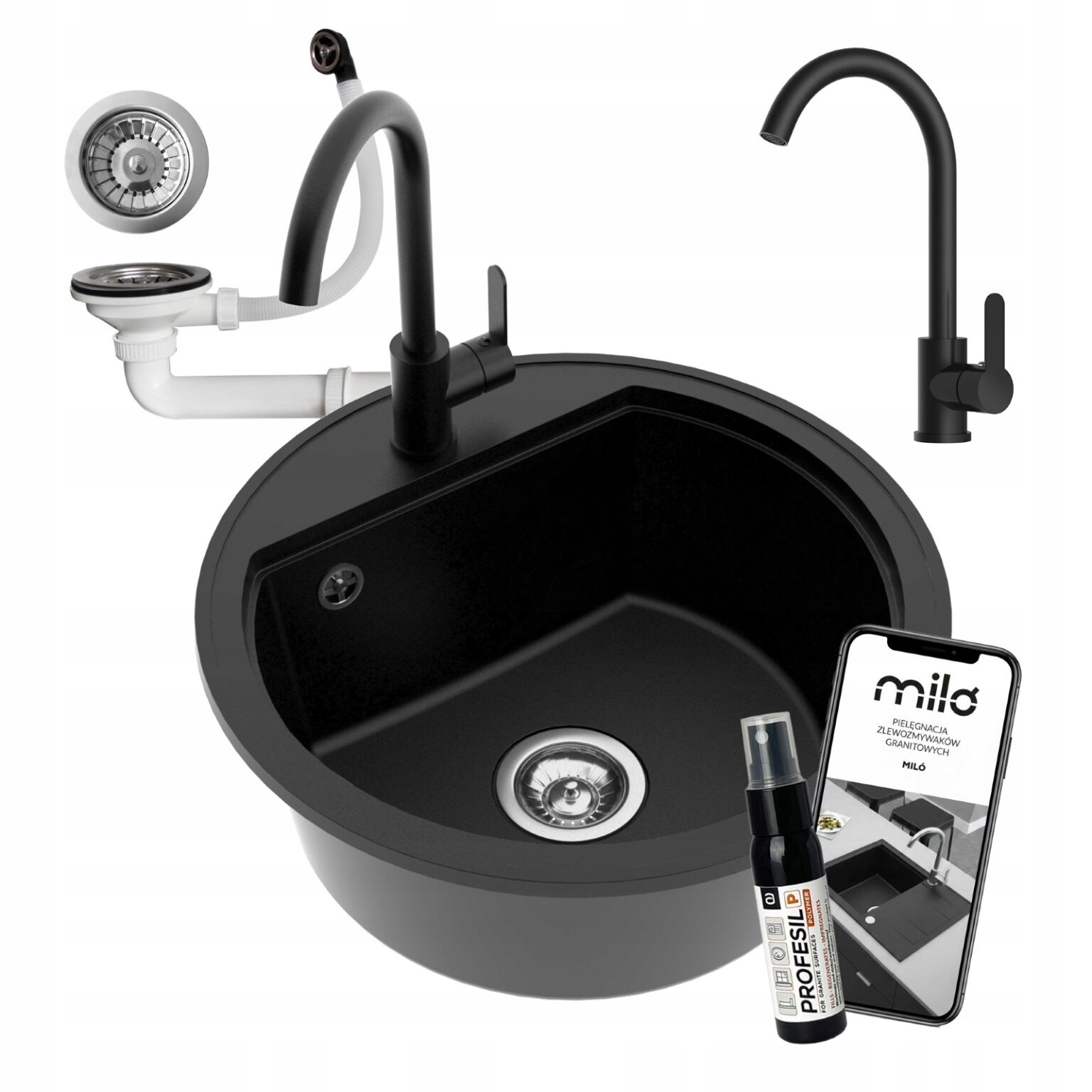 Granitový Drez Jednokomorový Okrúhly Oval, Sada Batérií, Sifón