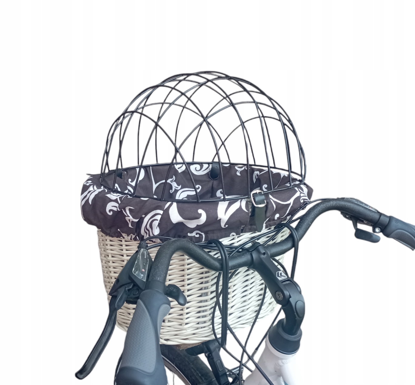 Biały koszyk wiklinowy na Rower z wkładem Transporter dla Psa do 10kg