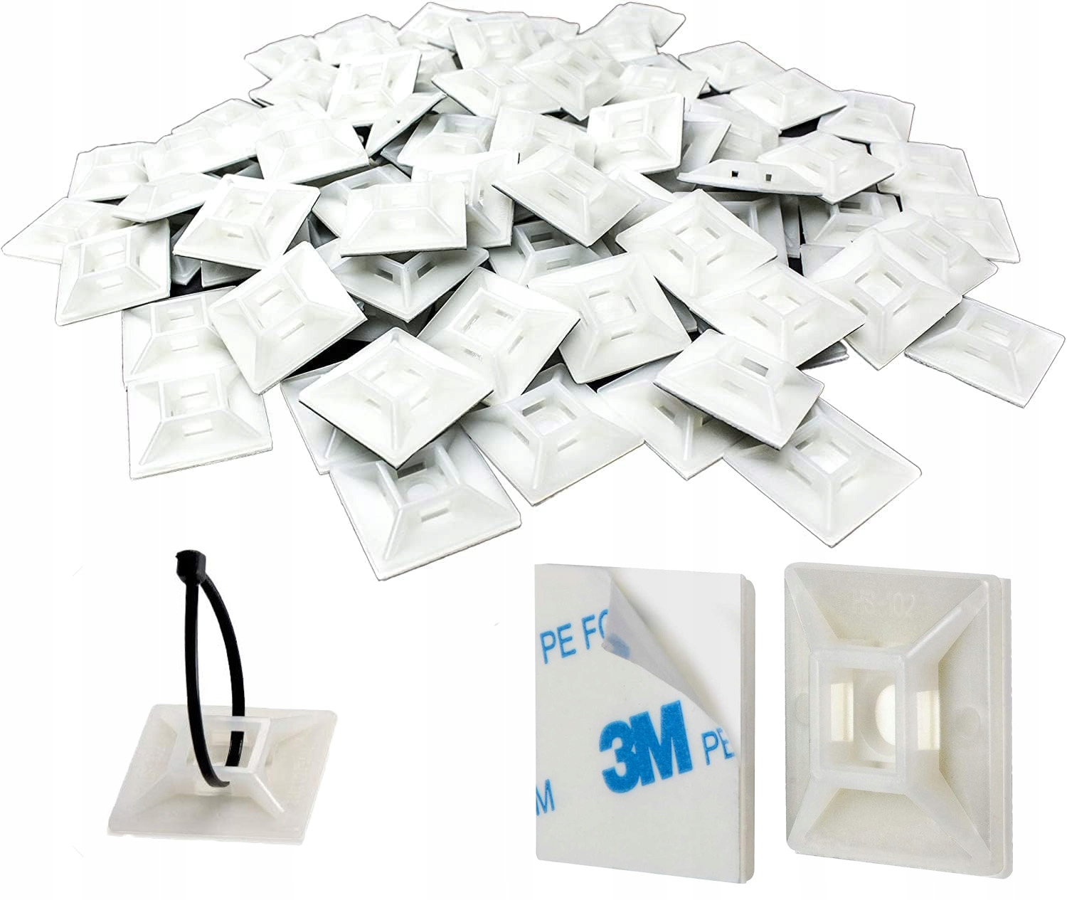 50x Duża XXL Podstawka Montażowa Do Opasek Kablowych 28X28 mm Białe