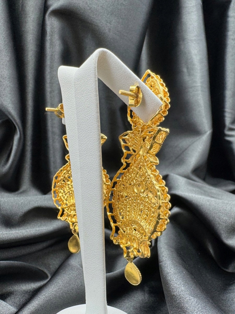 Unikatowe Wiszące Złote Kolczyki Rękodzieło 32,28G P750 7,5CM 18K Kamień Inny kamień