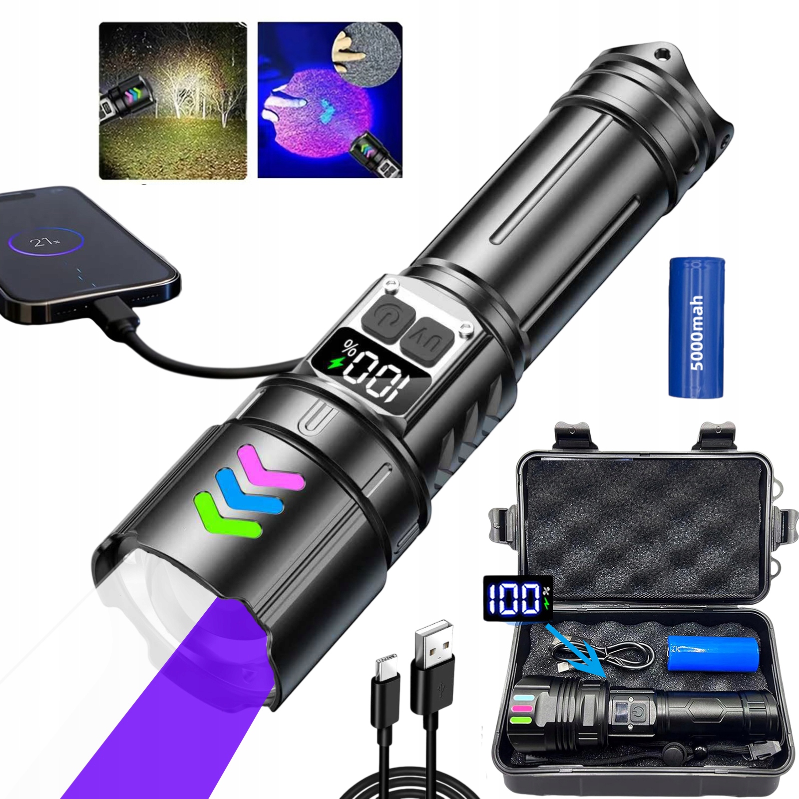 Výkonná Taktická Akumulátorová Led Svítilna Zoom+uv Reflektor 2V1 Jako Dárek