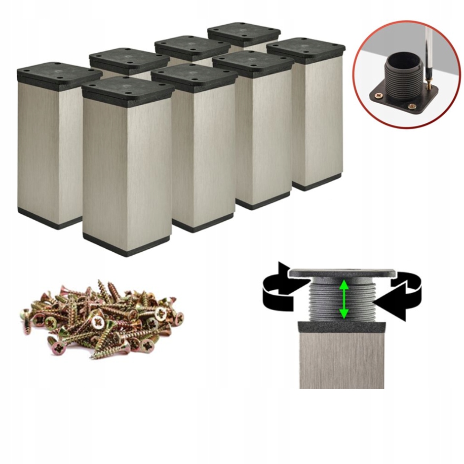 Nohy nábytkové nohy Inox Nastavitelné pro nábytek H 15 cm Sada 8x Vruty