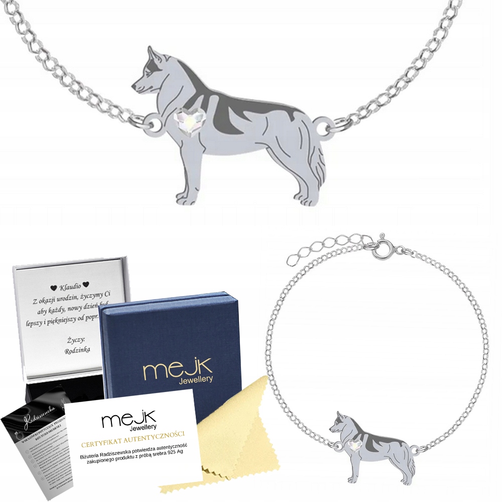 Stříbrný náramek z sibiřského husky 925 Šperky Dedikace Gravírování Bonus