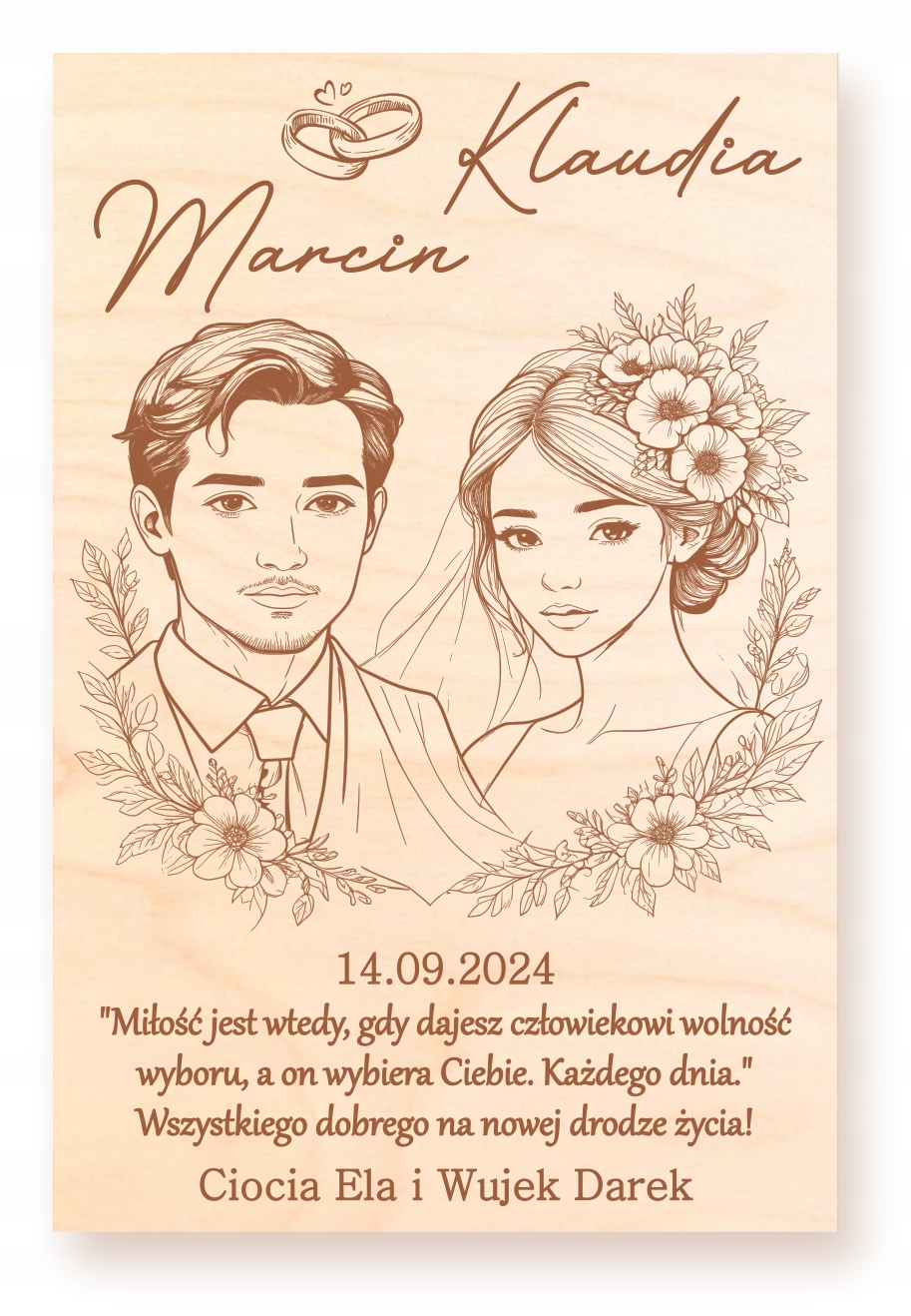 PREZENT NA ŚLUB DREWNIANA KARTKA ŚLUBNA PERSONALIZACJA OD RODZICÓW OD BABCI Marka inny