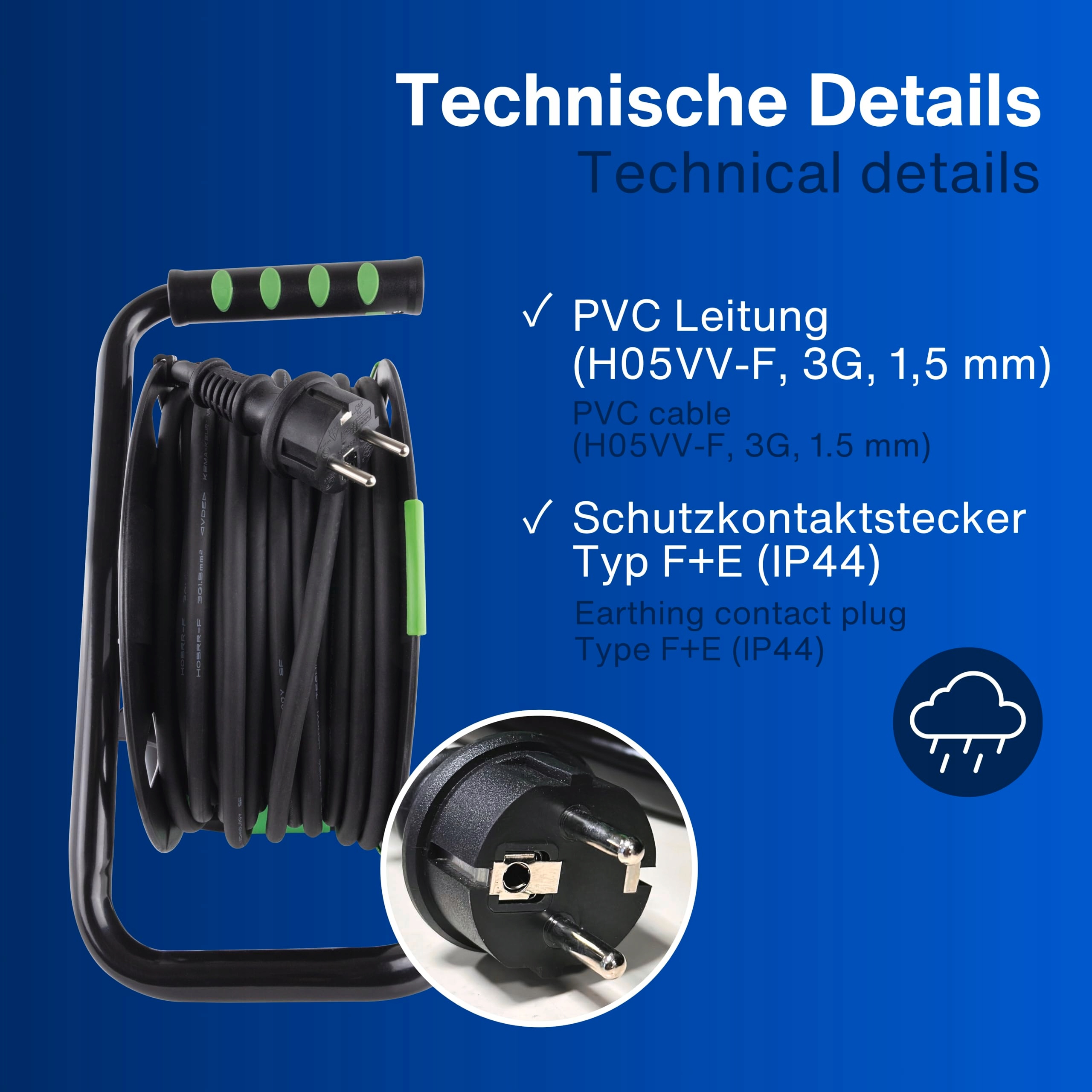REV Kabel Bębnowy 25m H05RR IP44 3000W Do Użytku Zewnętrznego 4 Gniazda — miniatura 8