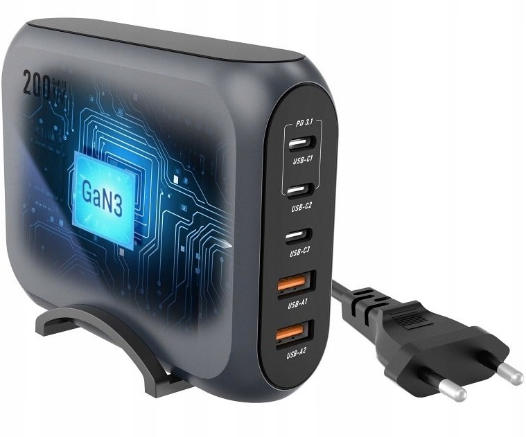 200W výkonná víceportová nabíječka 3x Usb-c 2x Usb-a Pd 3.1 GaN3 na kabelu