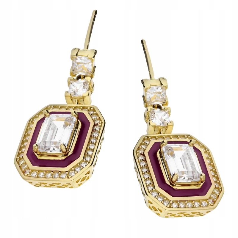 Zlaté náušnice 585 pro ženy, obdélníky s fialovým smaltem a zirkony 6g