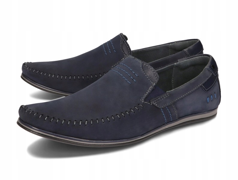Mokasyny Buty Męskie Wsuwane Casual Skóra Naturalna Nubukowa 876 Granat 43 Model MOKASYNY