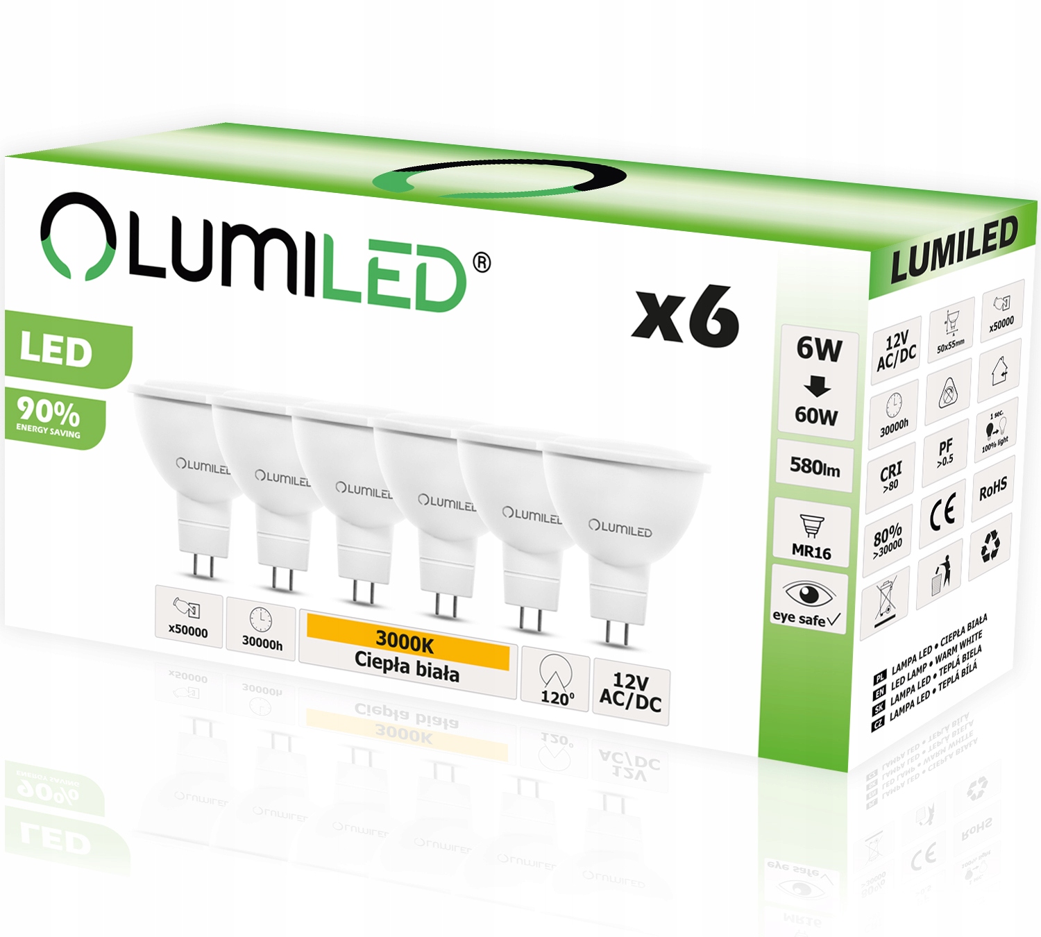 

6x Żarówka Led MR16 6W =60W Lumiled 3000K 120° 12V