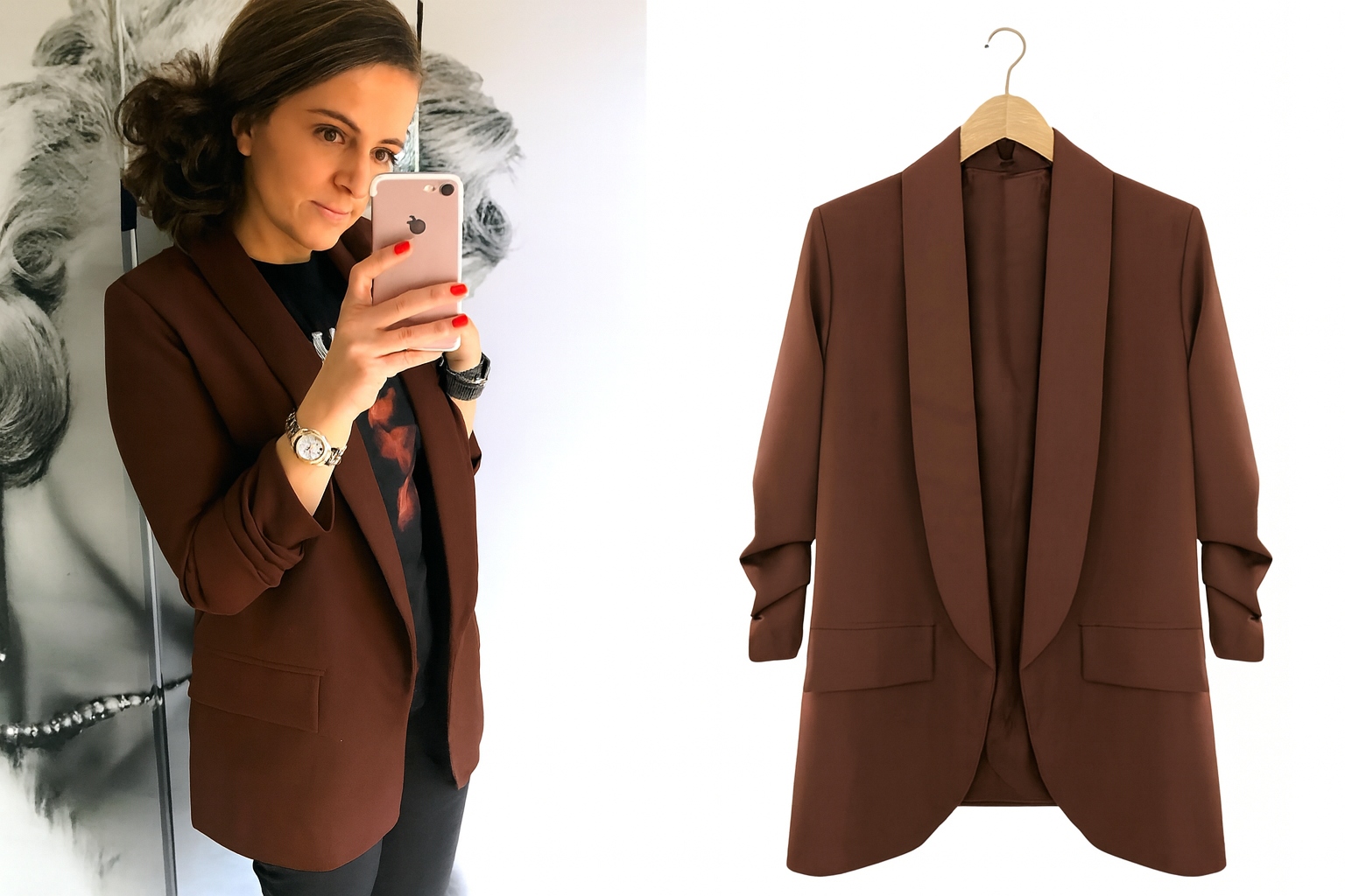 Marynarka Damska Włoska dłuższa Model Wyszczuplający podszewka Brąz 4XL/5XL