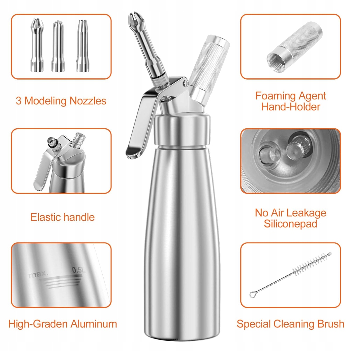 PROFESJONALNY DOZOWNIK KREMU, SYFON ZE STALI NIERDZEWNEJ 500 ML, 3 DYSZAMI Kod producenta 0191491965890