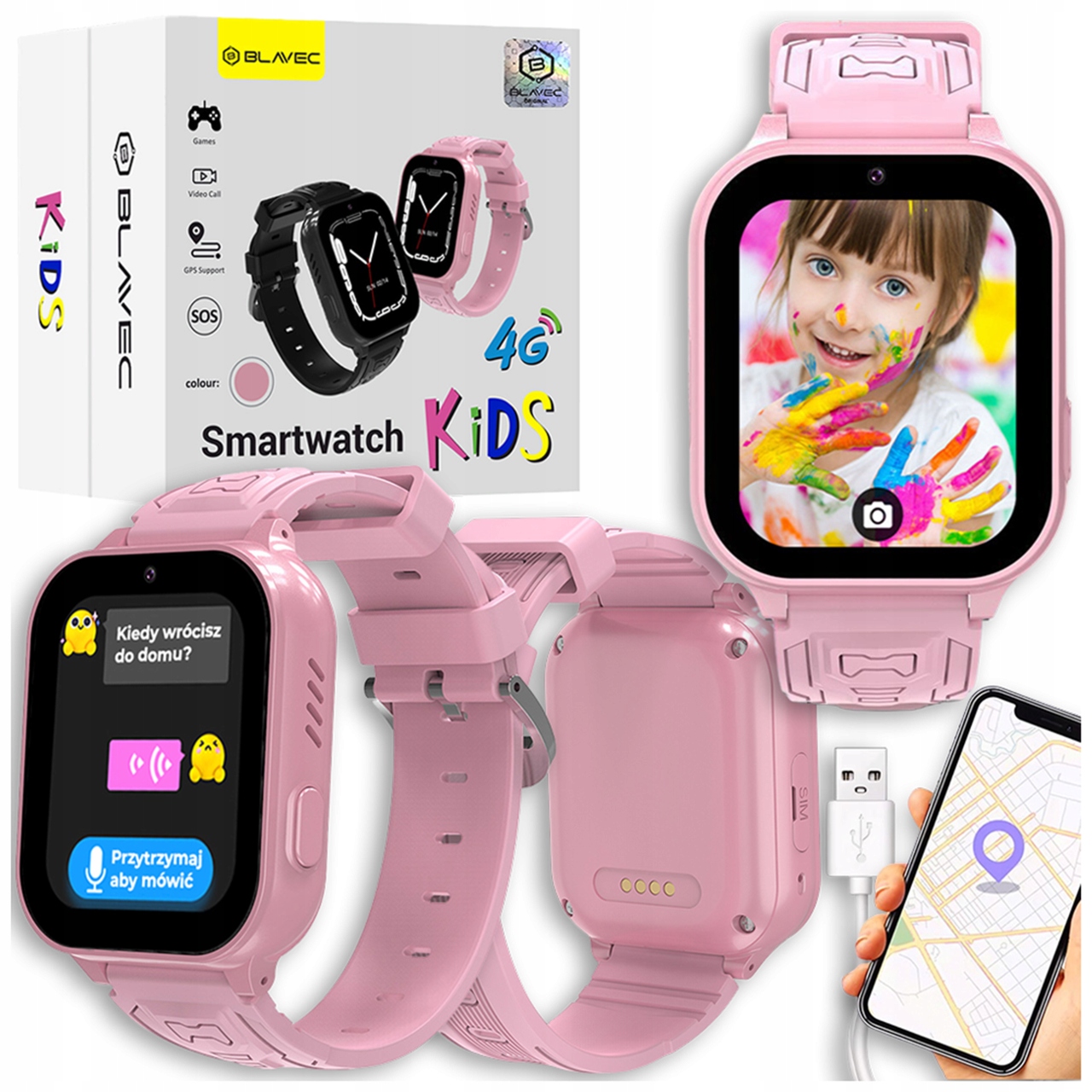 Smartwatch Kids dla dzieci Gps lokalizacja dzwonienie 4G Blavec K02 różowy