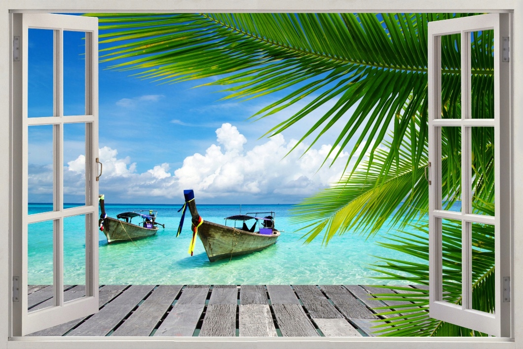 

Obraz widok przez okno łódki palmy morze 120x80