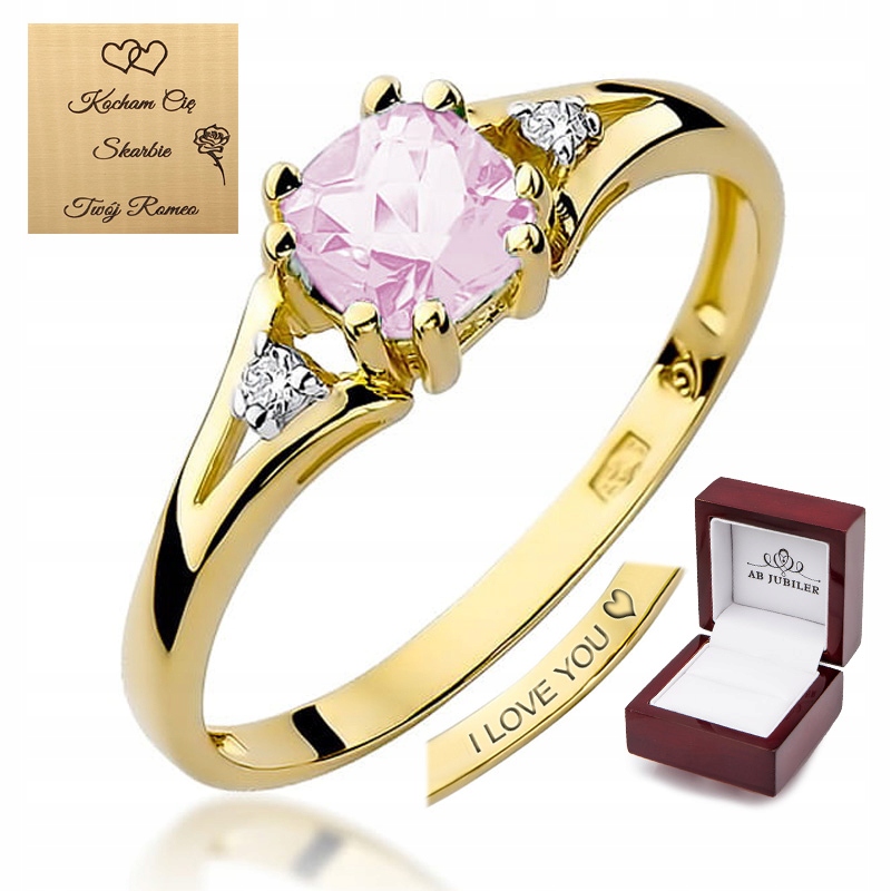 Zlatý 585 Prstýnek Růžový Topaz Diamanty Skvělý Dárek Gravírování