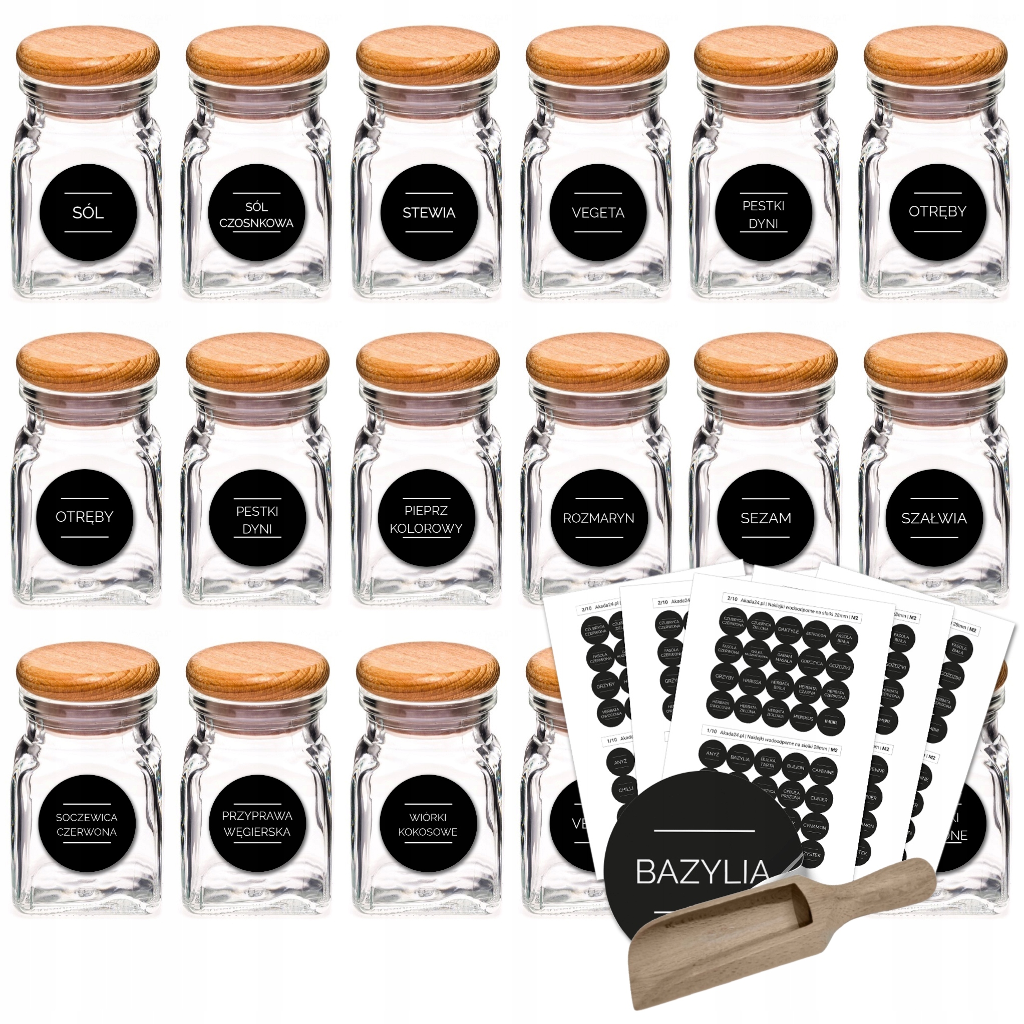 Słoiczki słoiki na przyprawy 150ml 24szt +200 naklejki M2 łopatka z korkiem