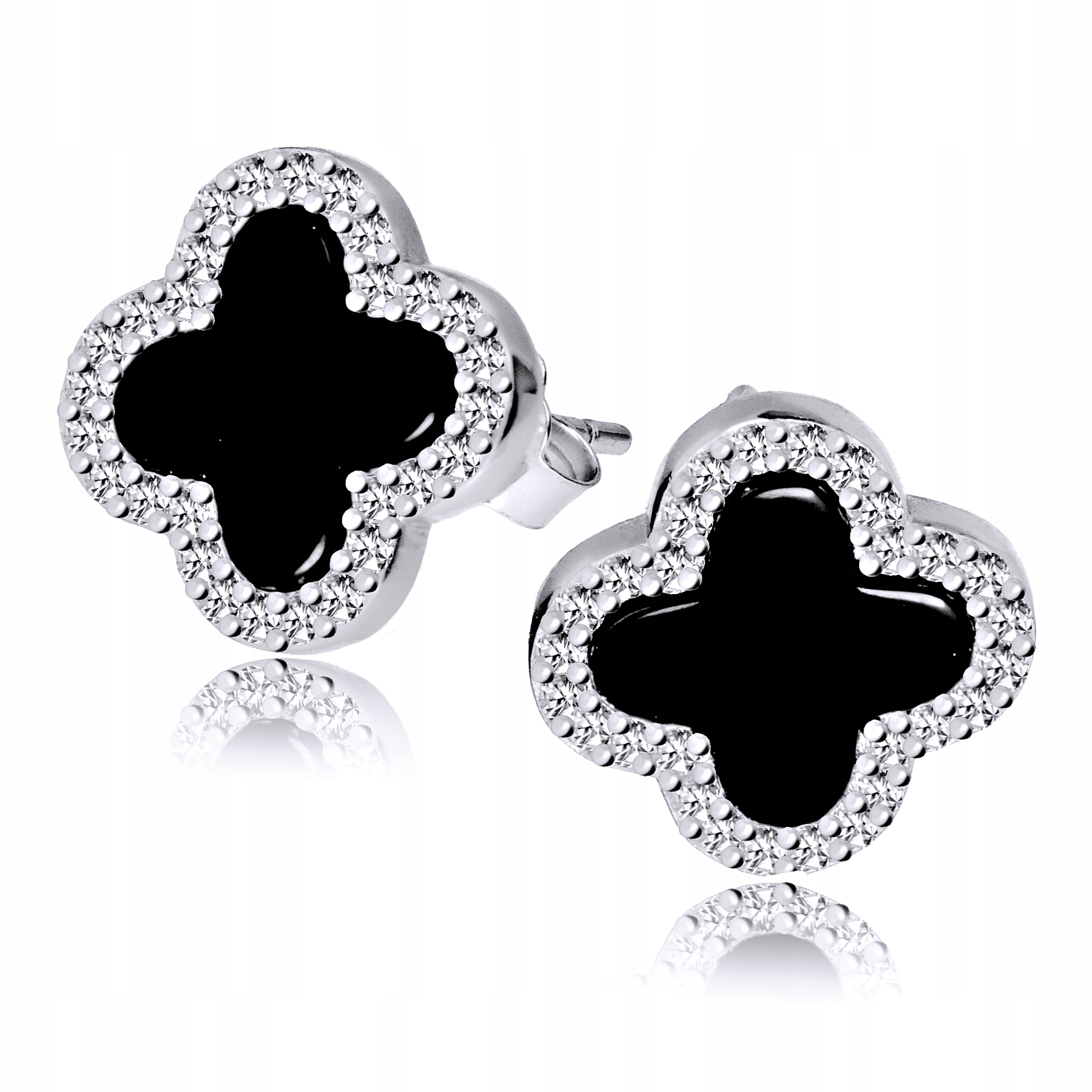 Srebrne Kolczyki 925 Koniczynki Marokańskie Czarne Onyks Wkrętki