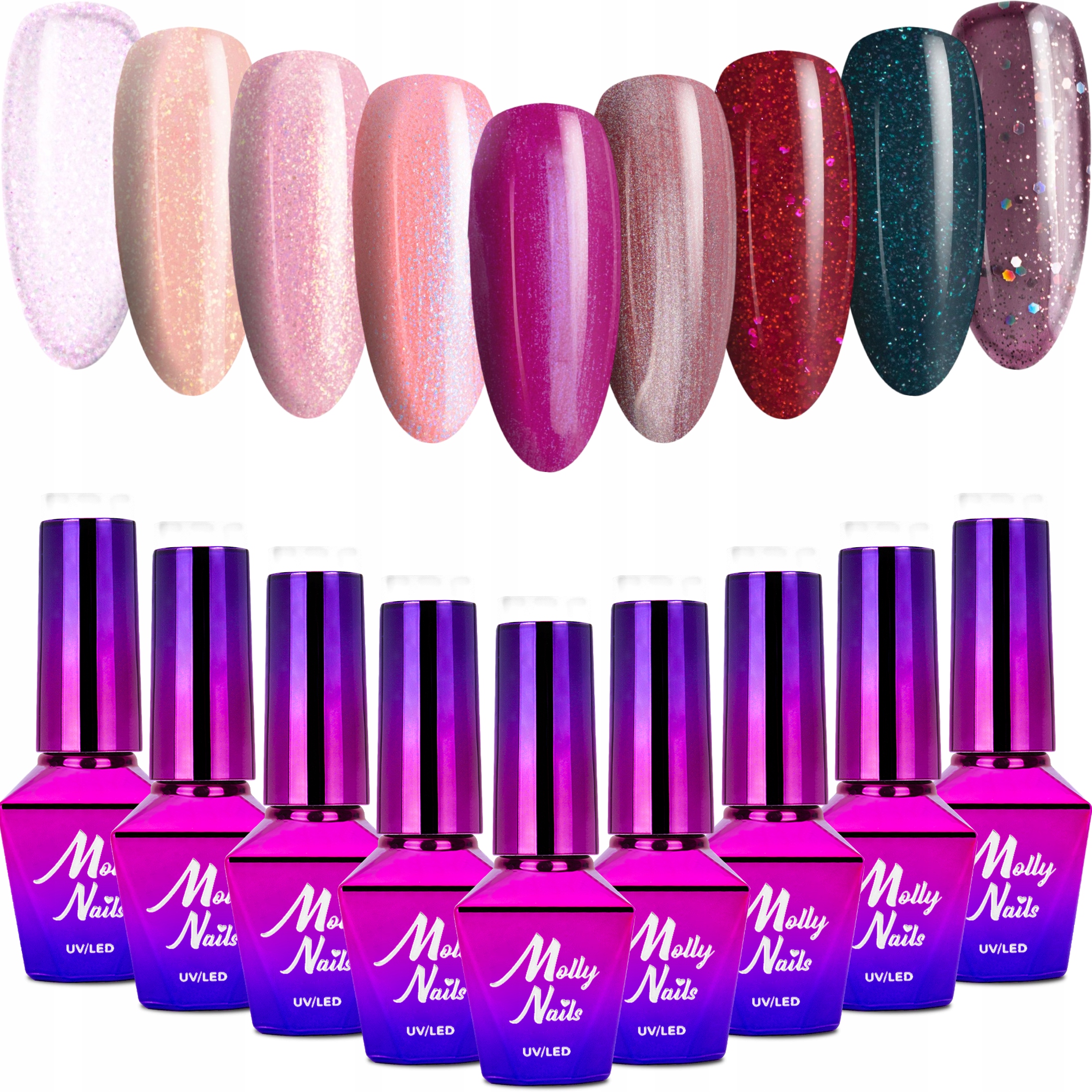 9x Lakier Hybrydowy Mollynails 8g Bling It On! Zestaw 9w1 Wiosenny