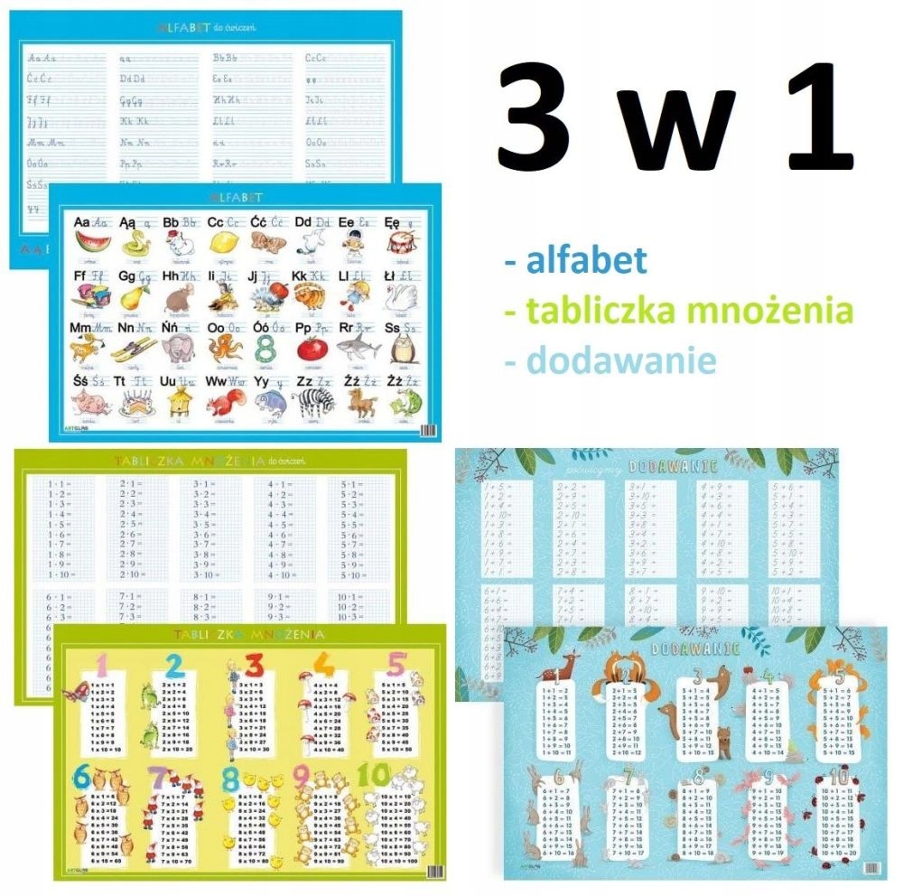 ALFABET TABLICZKA MNOŻENIA DODAWANIE PODKŁADKA x 3
