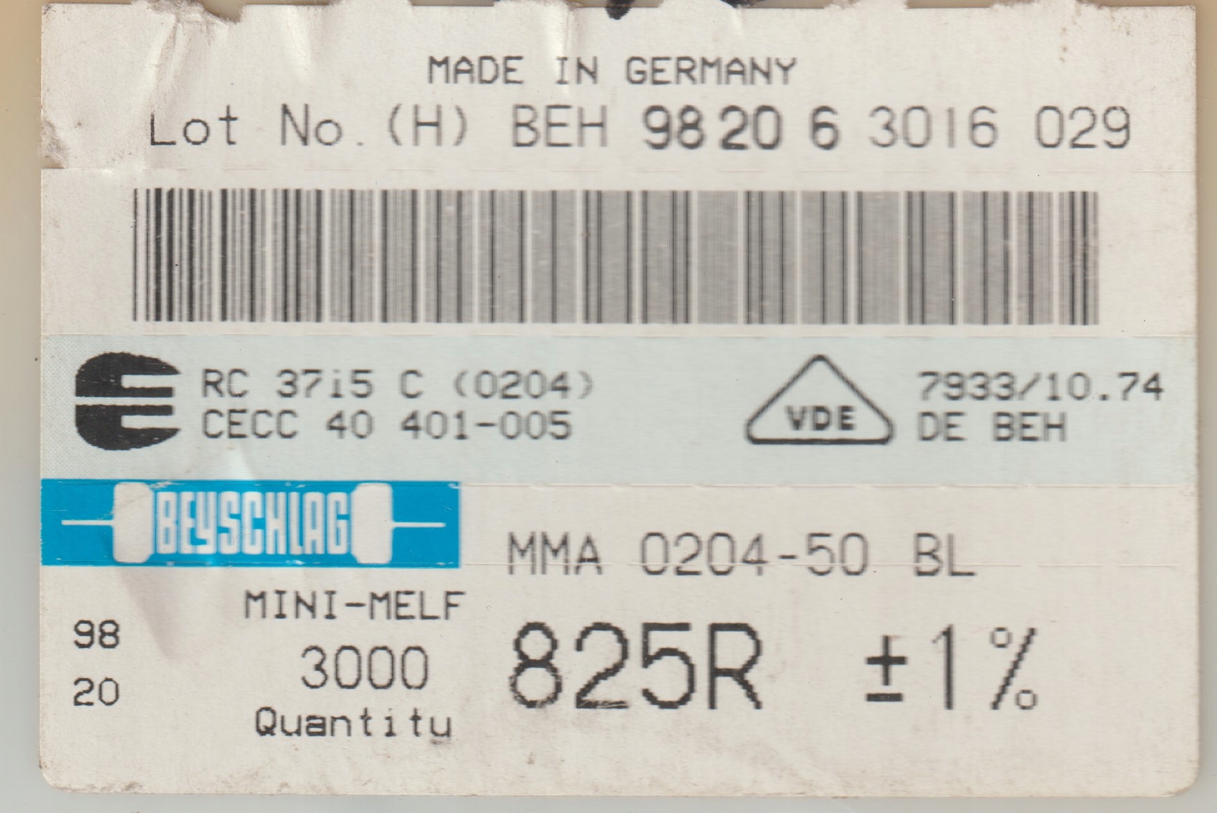 [100szt] 825R 1% 50ppm rezystor Smd minimelf MMA0204 Beyschlag low noise