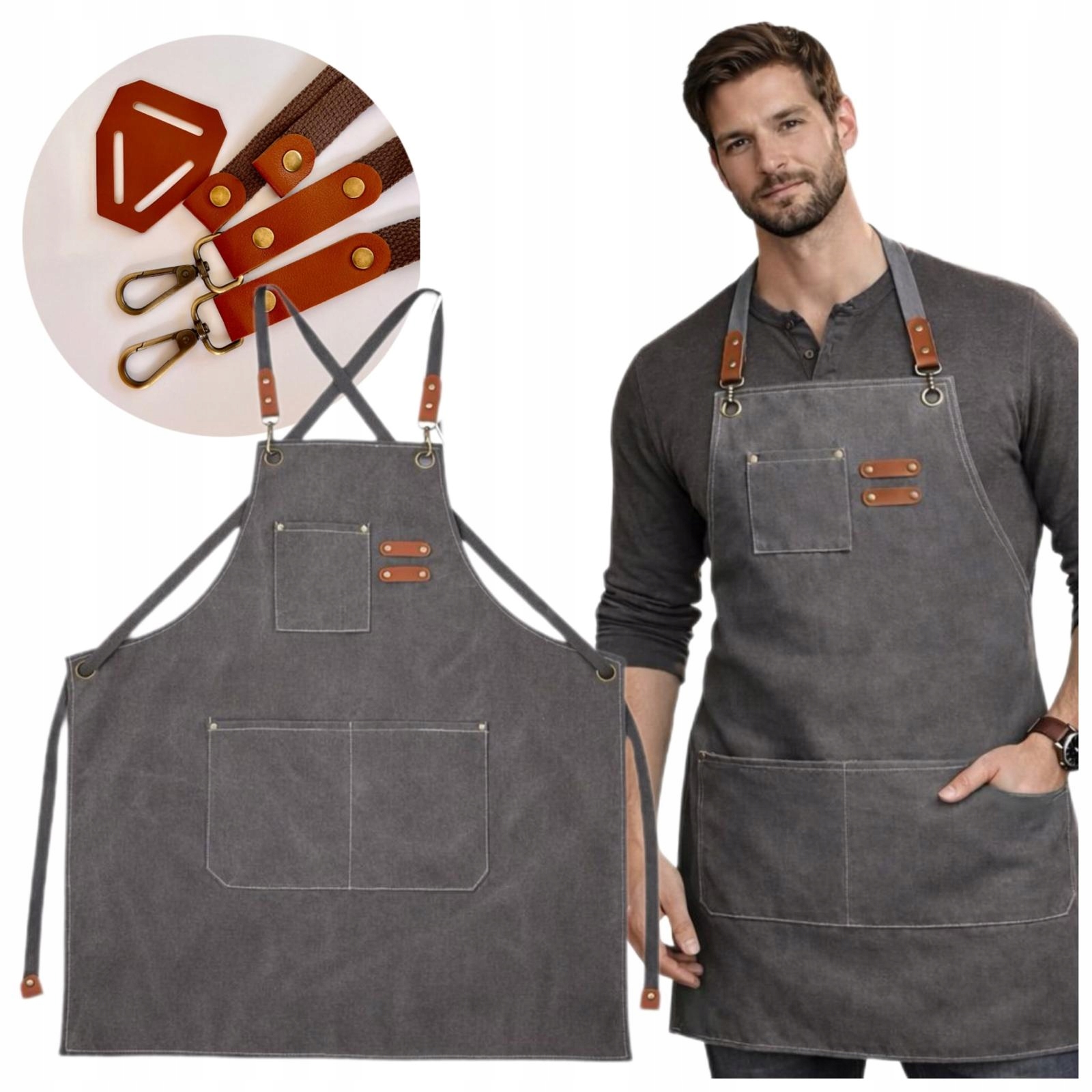 FARTUCH MĘSKI STOLARSKI ROBOCZY GARAŻ OGRÓD RZEMIEŚLNICZY SZARY